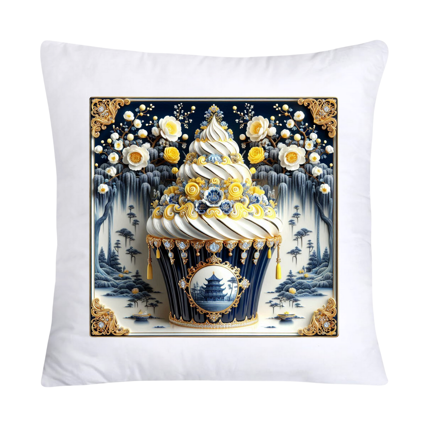 Blue and Yellow Willow 18x18 Chinoiserie Cupcake Throw Pillow Covers-5014