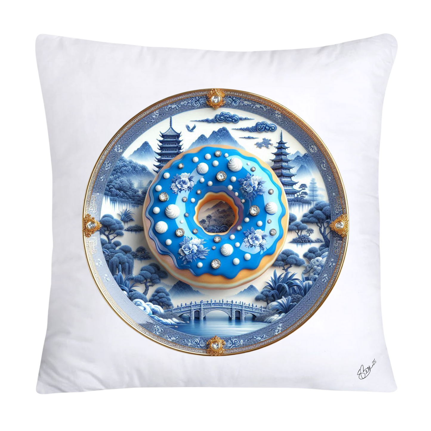 18x18 Blue Willow Whimsical Donut Throw Pillow Covers-1241