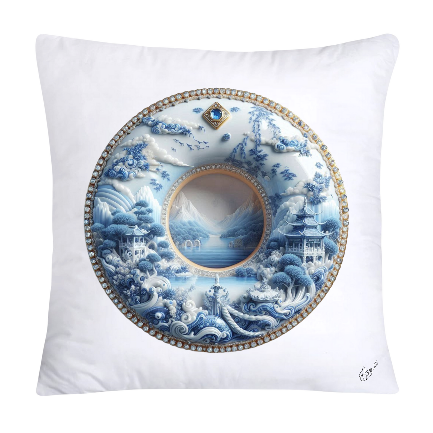 Whimsical Blue Willow Donut Throw Pillow Covers 18x18-1305