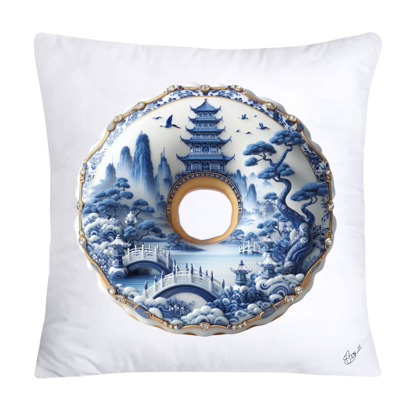 18x18 Blue Willow Whimsical Donut Throw Pillow Covers-1244