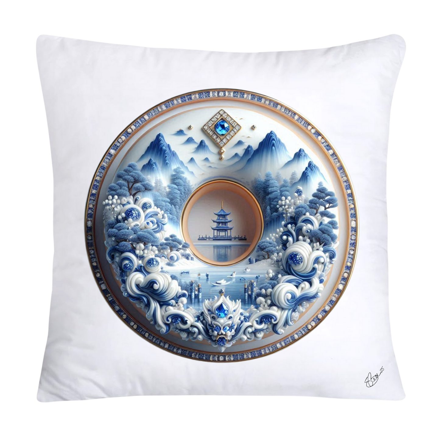 Whimsical Blue Willow Donut Throw Pillow Covers 18x18-1299