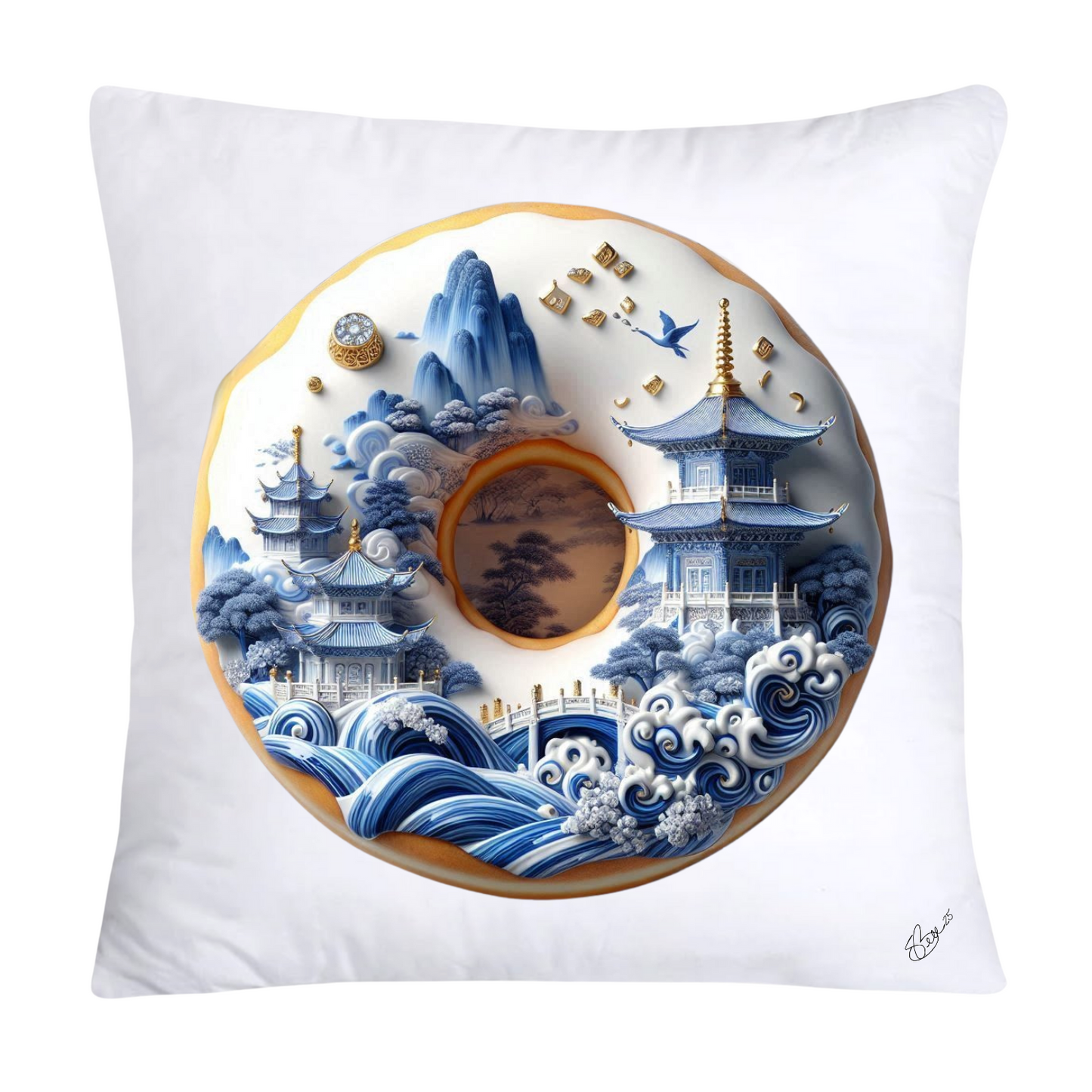 Whimsical Blue Willow Donut Throw Pillow Covers 18x18-1288