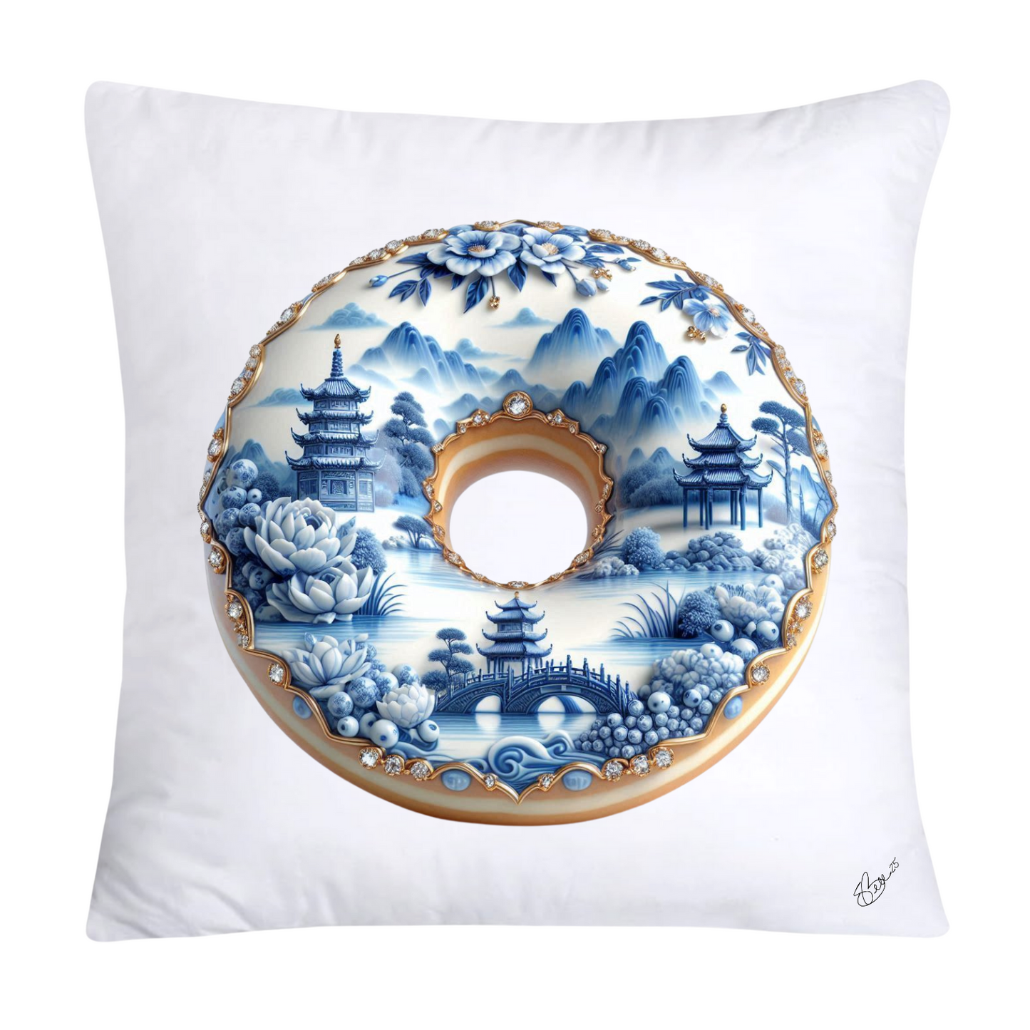 Whimsical Blue Willow Donut Throw Pillow Covers 18x18-1257