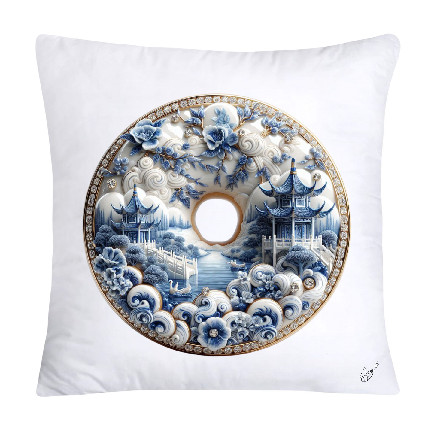 18x18 Blue Willow Whimsical Donut Throw Pillow Covers-1246
