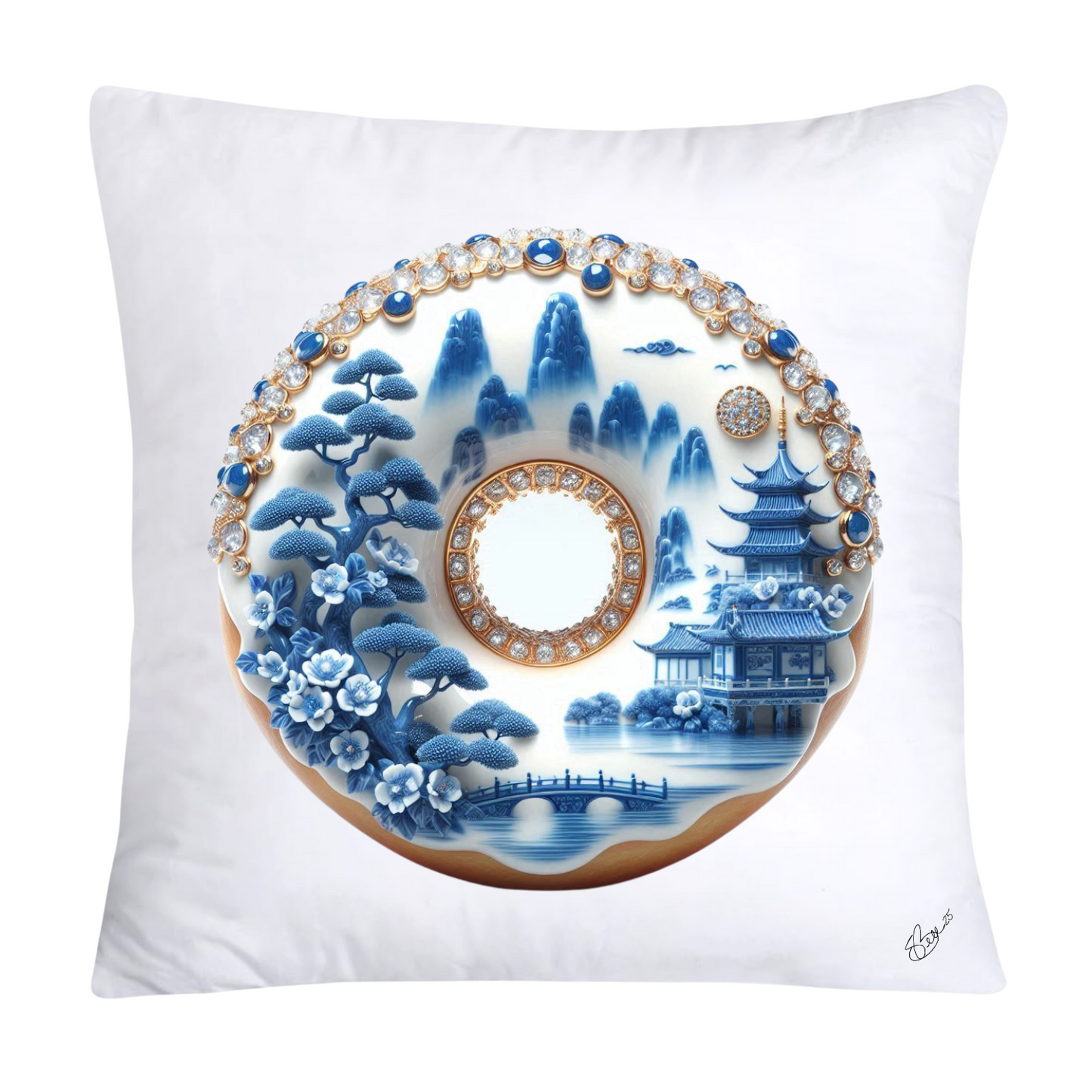 18x18 Blue Willow Whimsical Donut Throw Pillow Covers-1255