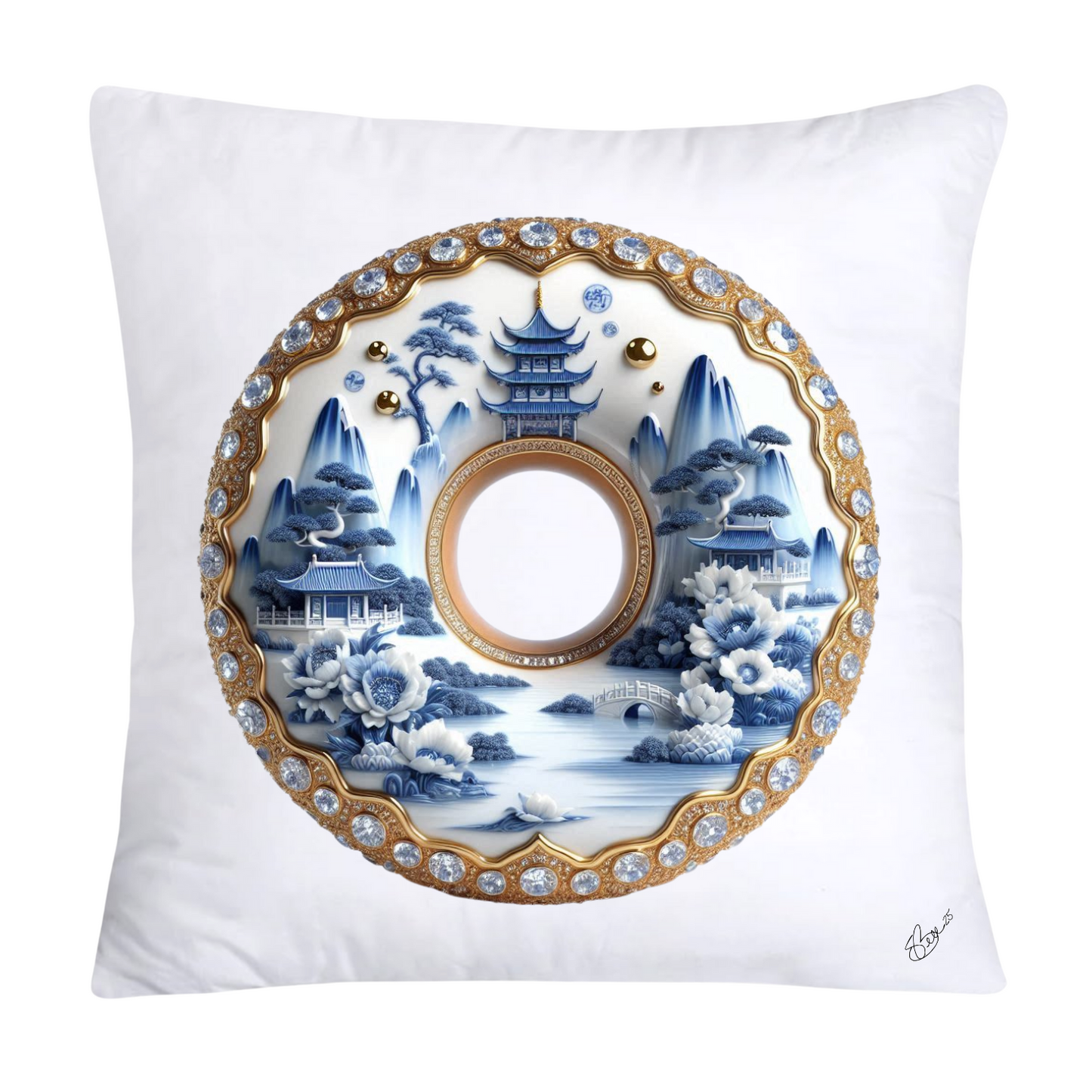 18x18 Blue Willow Whimsical Donut Throw Pillow Covers-1232