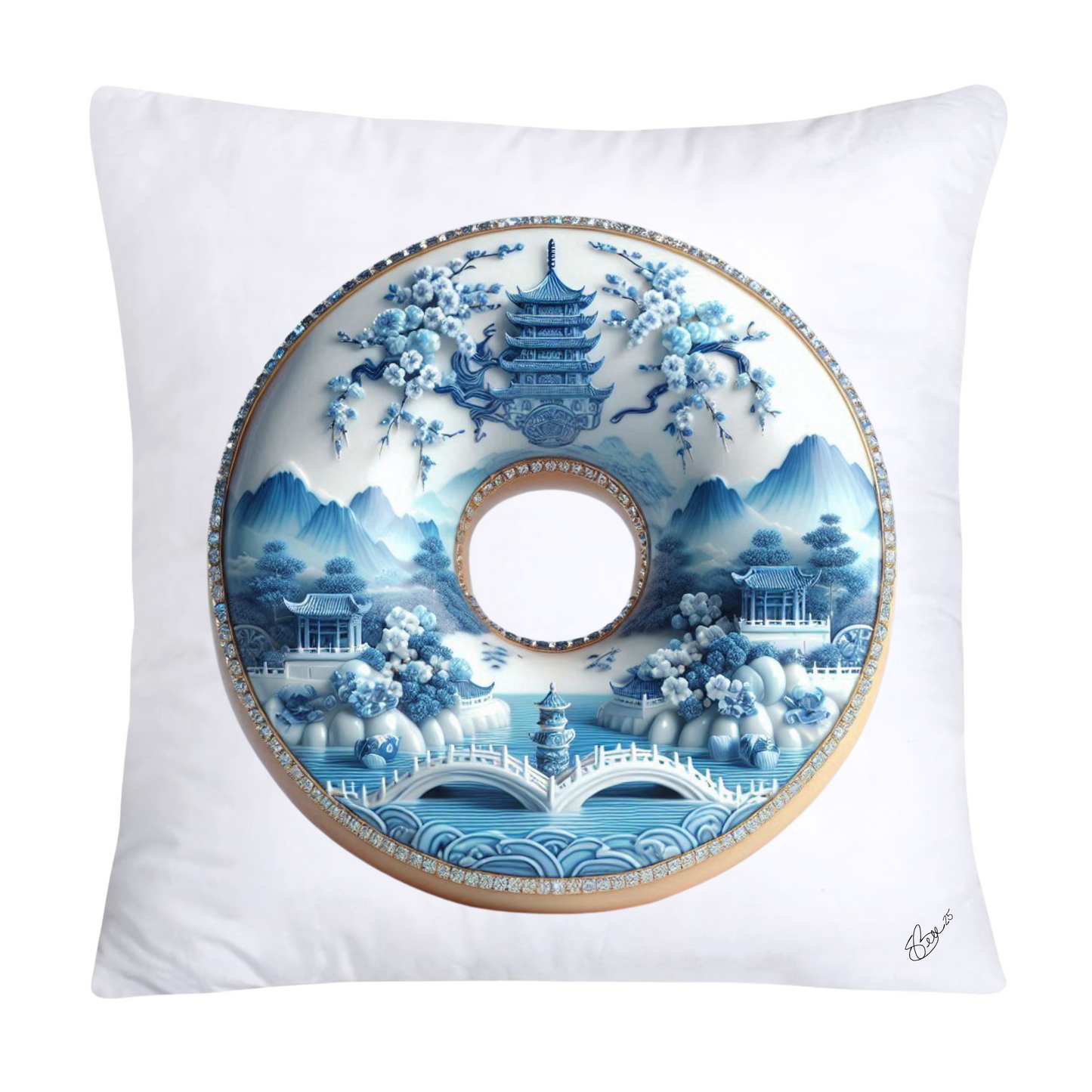 Whimsical Blue Willow Donut Throw Pillow Covers 18x18-1277