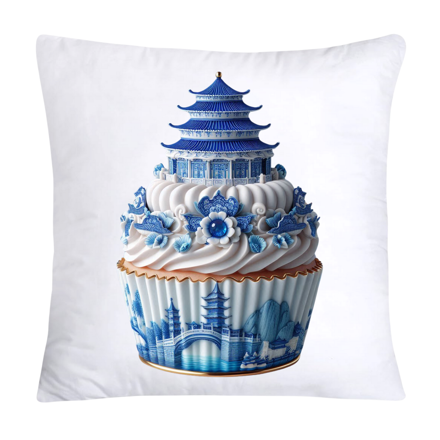 Blue Willow Chinoiserie Cupcake Throw Pillow Covers 18X18-3500