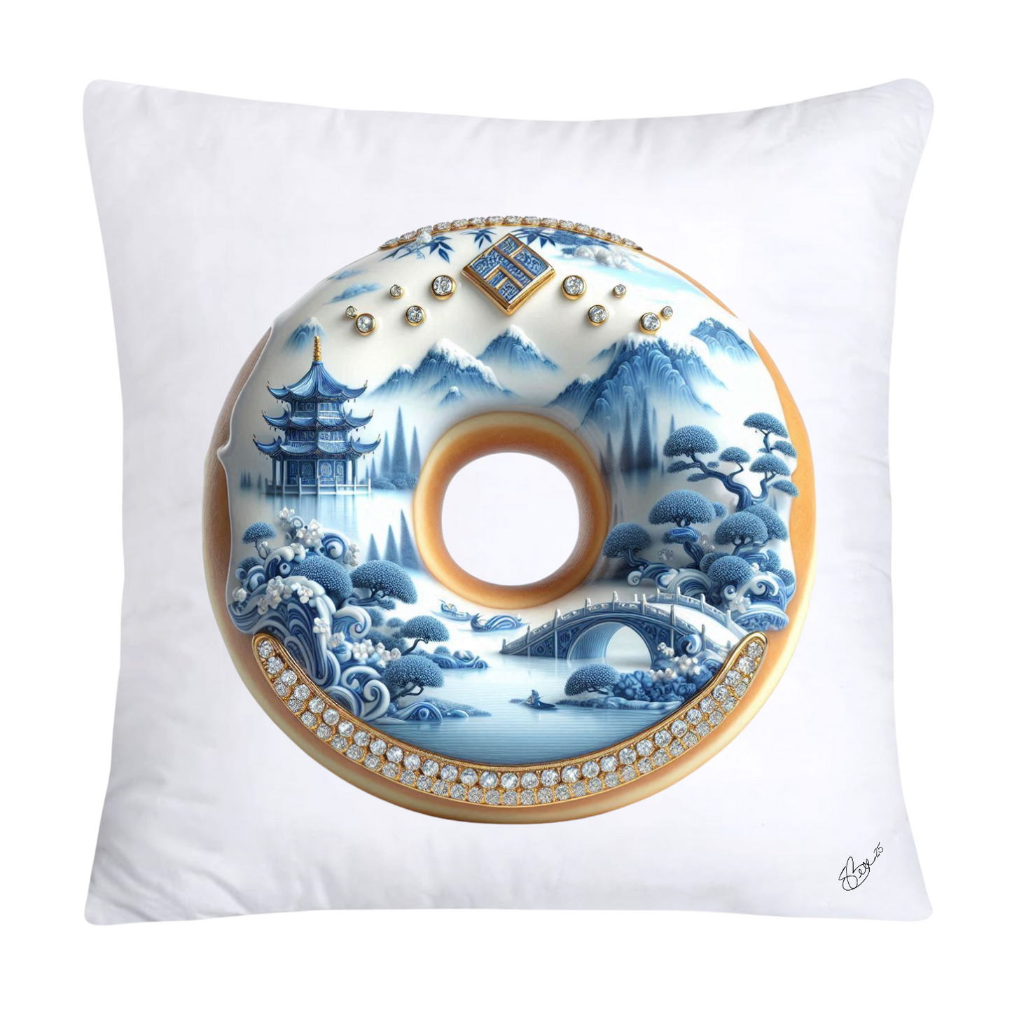 Whimsical Blue Willow Donut Throw Pillow Covers 18x18-1297
