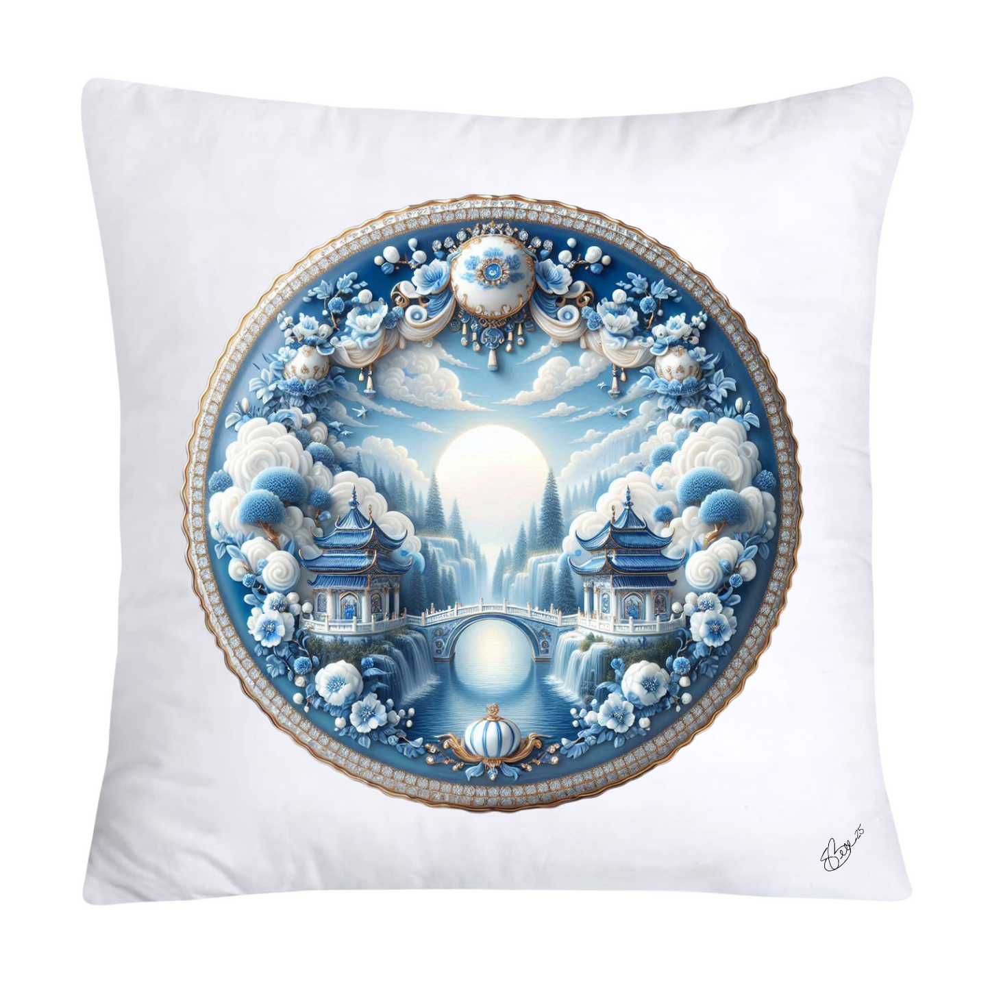 Blue Willow Chinoiserie Decorative Plate Throw Pillow Cushion Covers-294