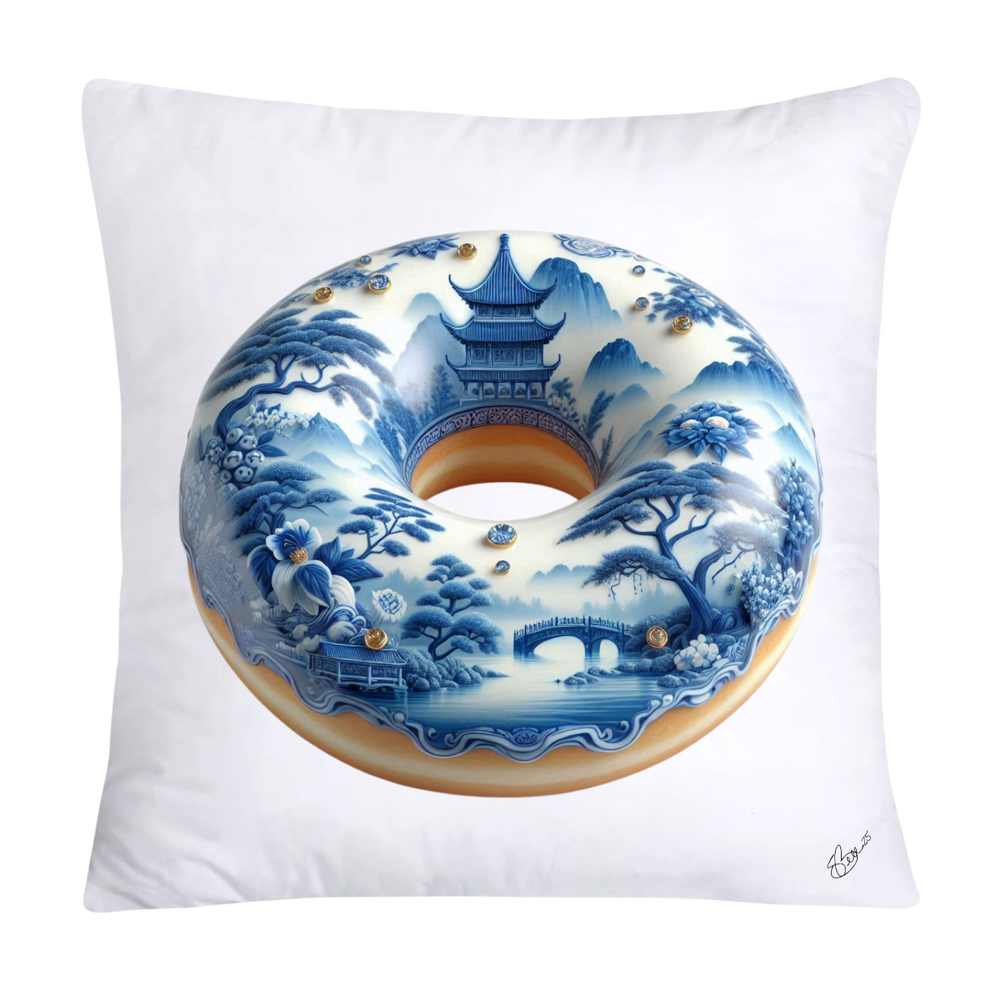 Whimsical Blue Willow Donut Throw Pillow Covers 18x18-1264