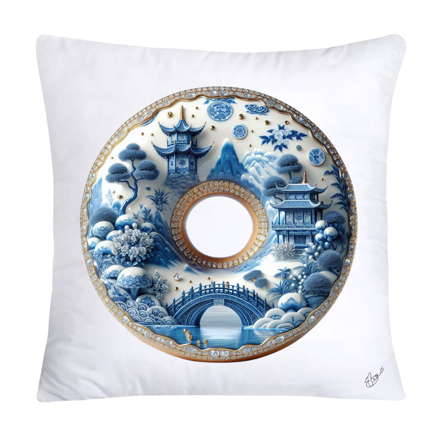 Whimsical Blue Willow Donut Throw Pillow Covers 18x18-1328