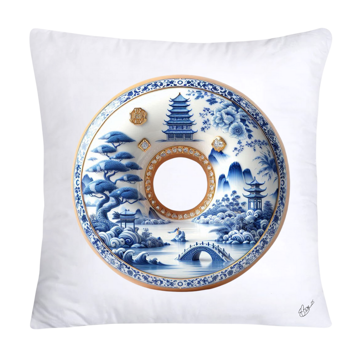 Blue Willow Whimsical 18x18 Donut Throw Pillow Cushion Covers-1226