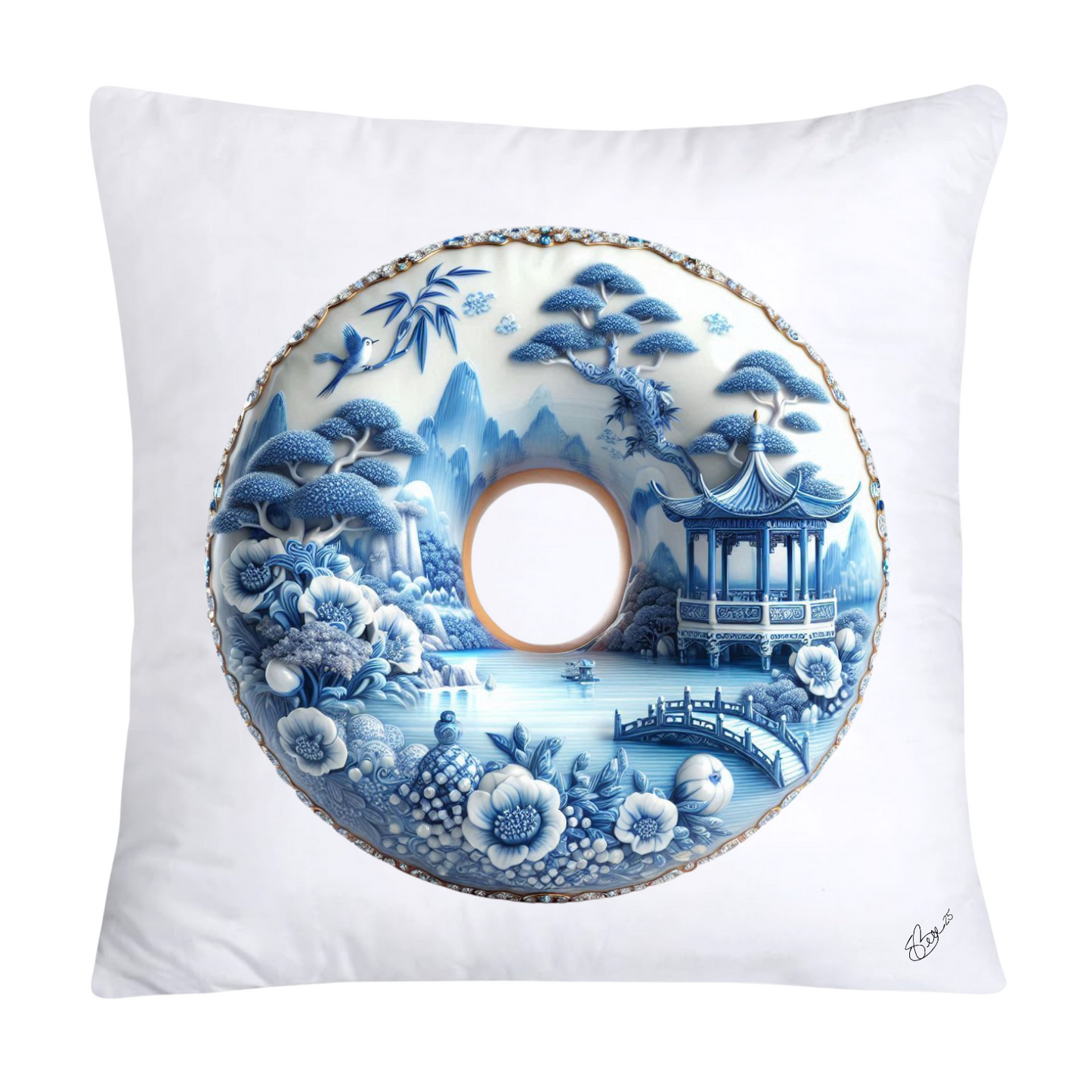 Whimsical Blue Willow Donut Throw Pillow Covers 18x18-1267