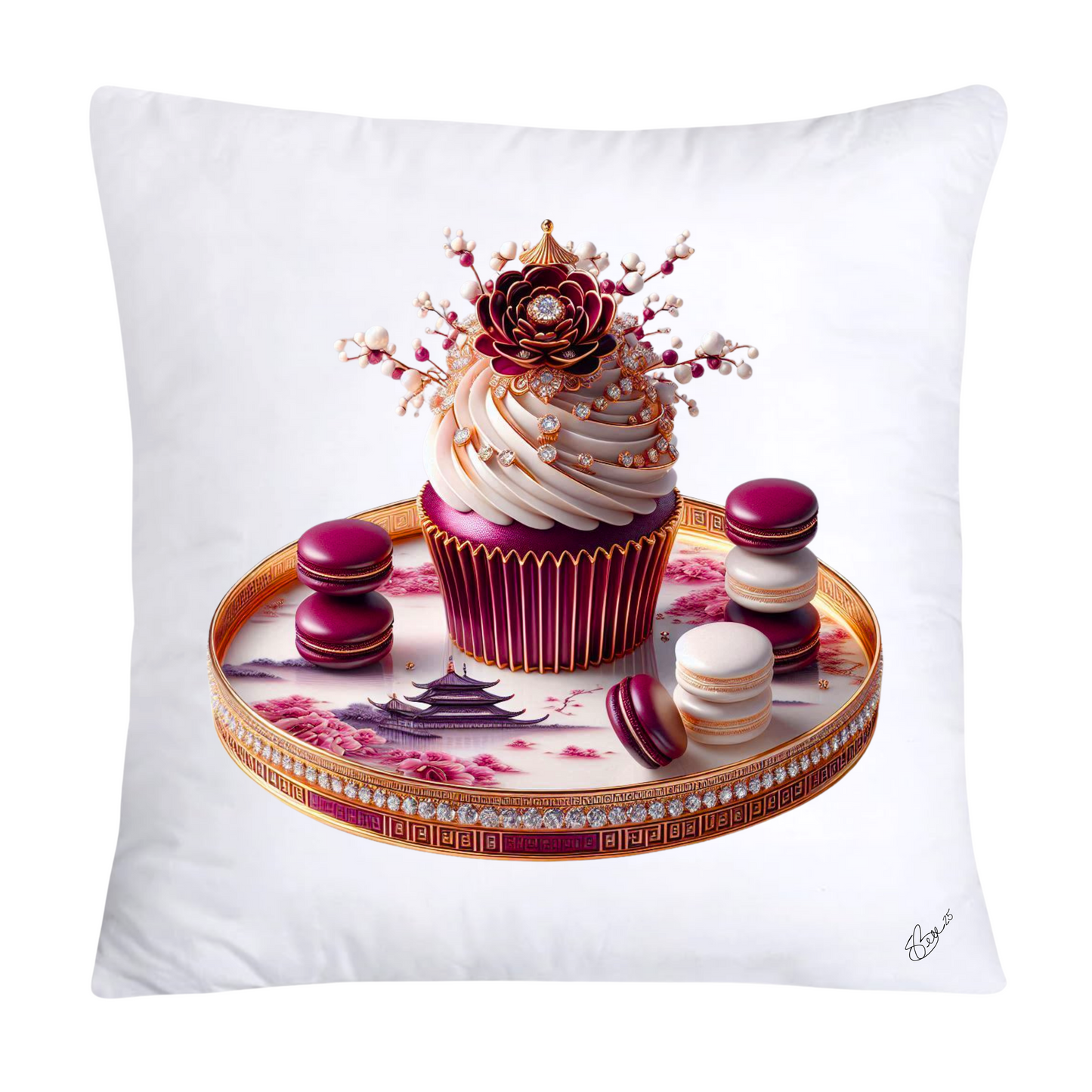 Chinoiserie Maroon Willow Macaroon Pillow Covers-2781