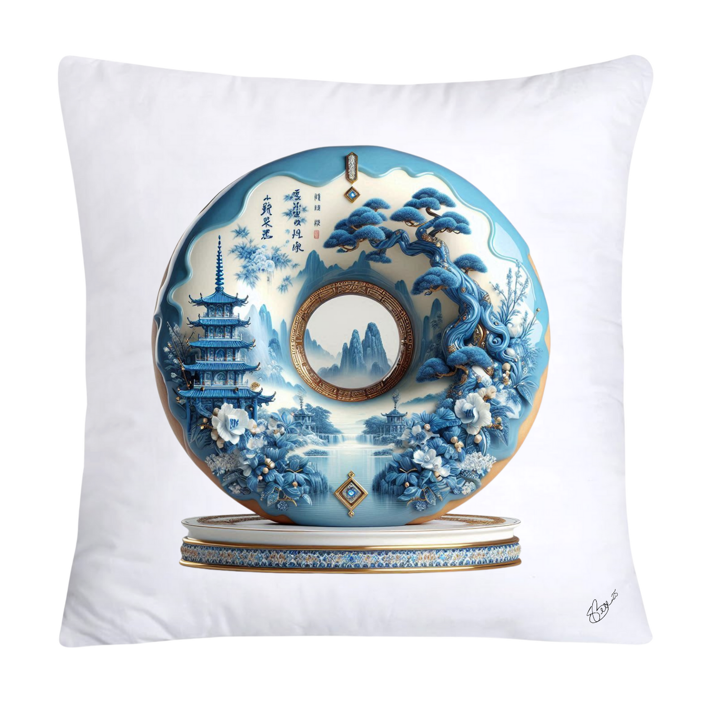 Blue Willow Whimsical 18x18 Donut Throw Pillow Cushion Covers-1229