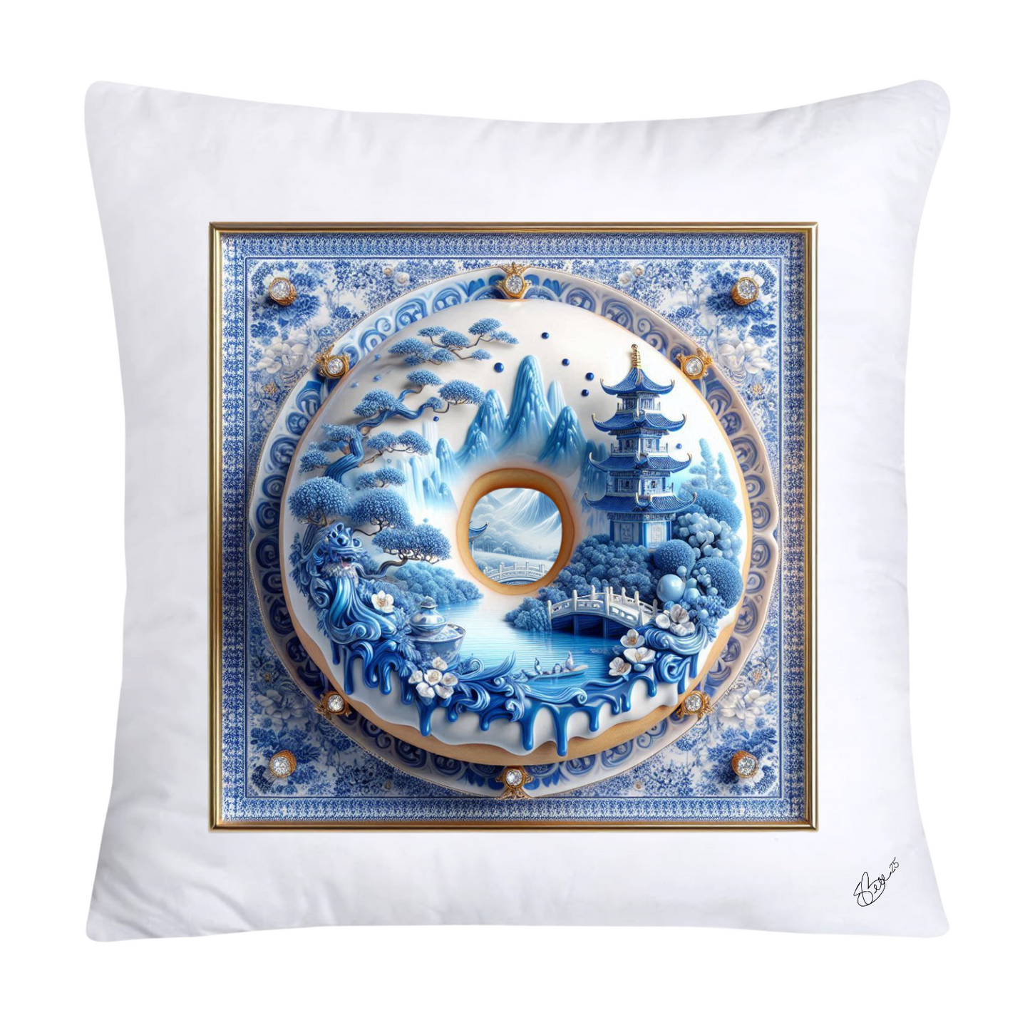 Whimsical Blue Willow Donut Throw Pillow Covers 18x18-1275