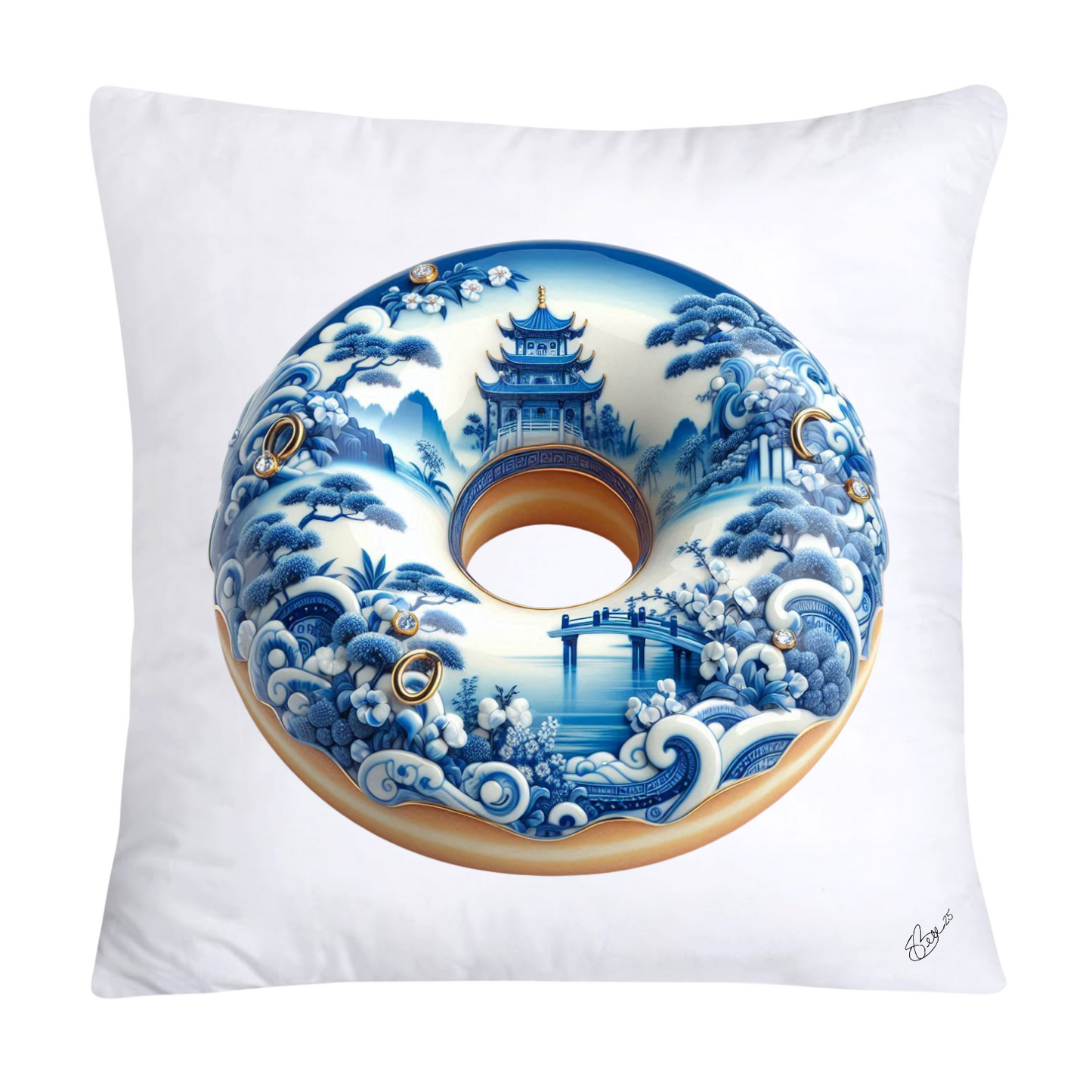 Whimsical Blue Willow Donut Throw Pillow Covers 18x18-1266