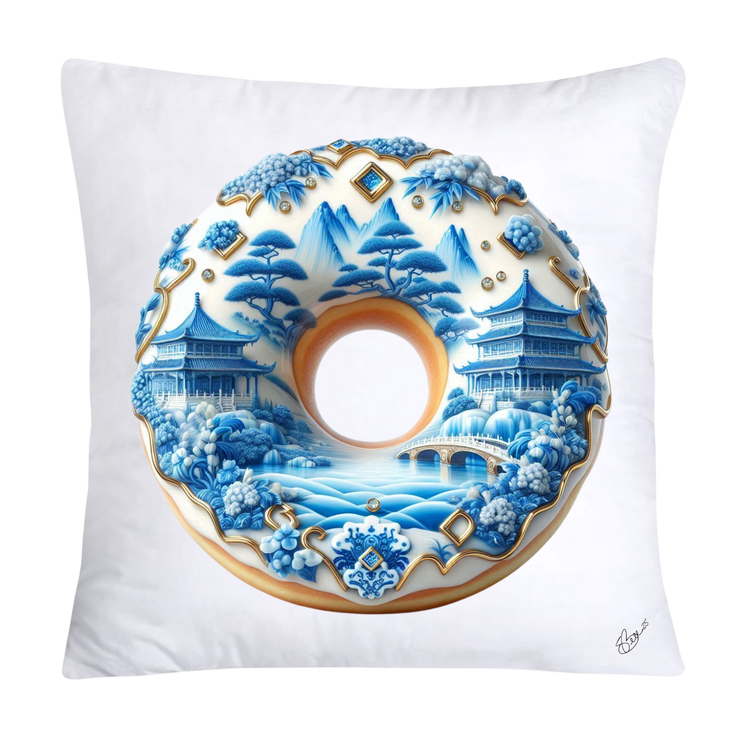 Whimsical Blue Willow Donut Throw Pillow Covers 18x18-1331