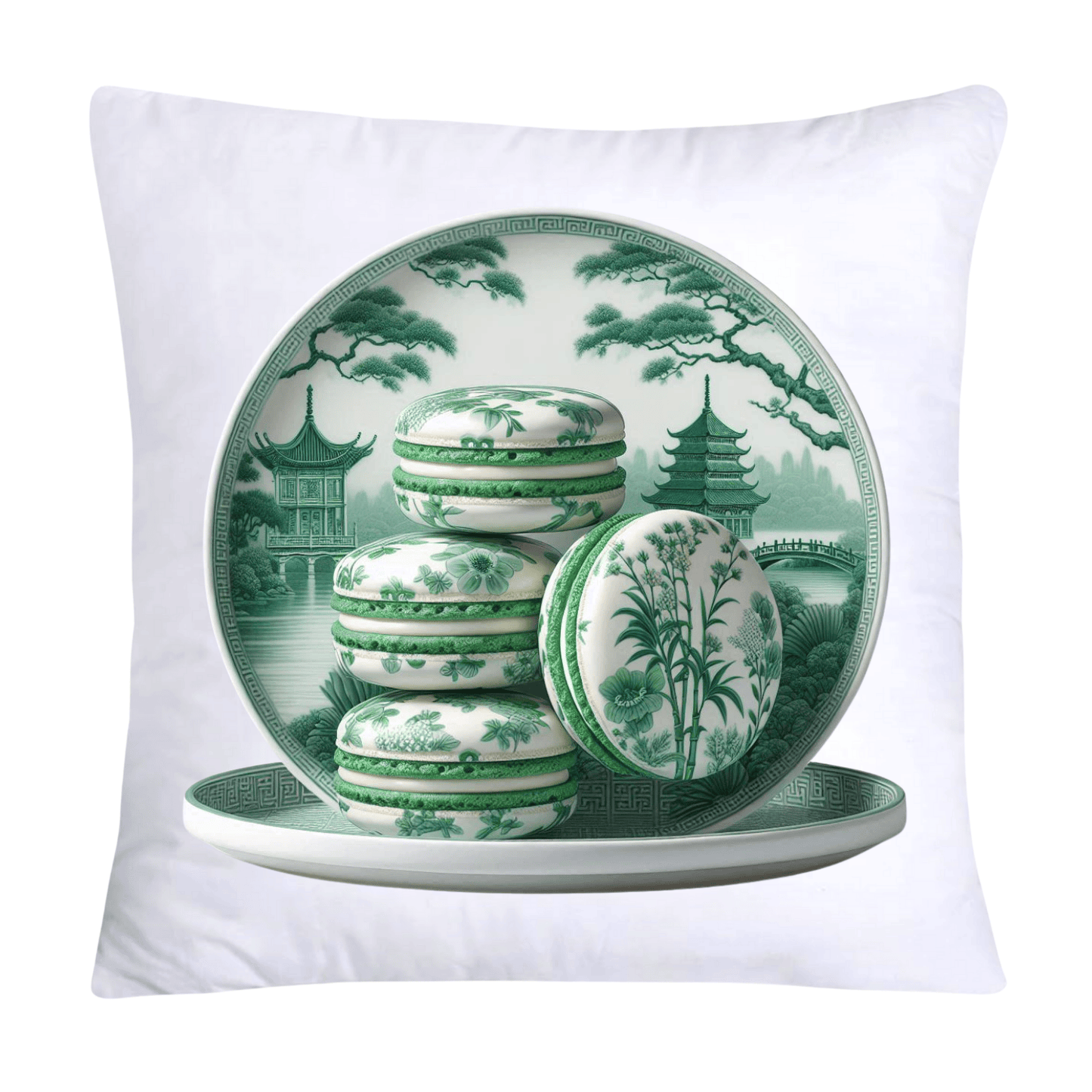Green and White Willow Chinoiserie Sweet Macaroon Throw Pillow Covers-3940