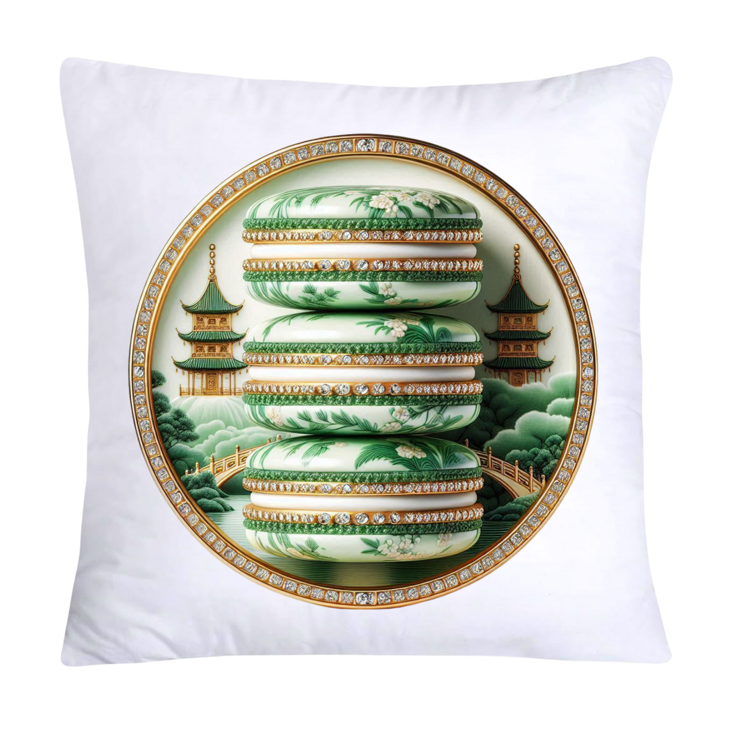 Green and White Willow Chinoiserie Sweet Macaroon Throw Pillow Covers-3930