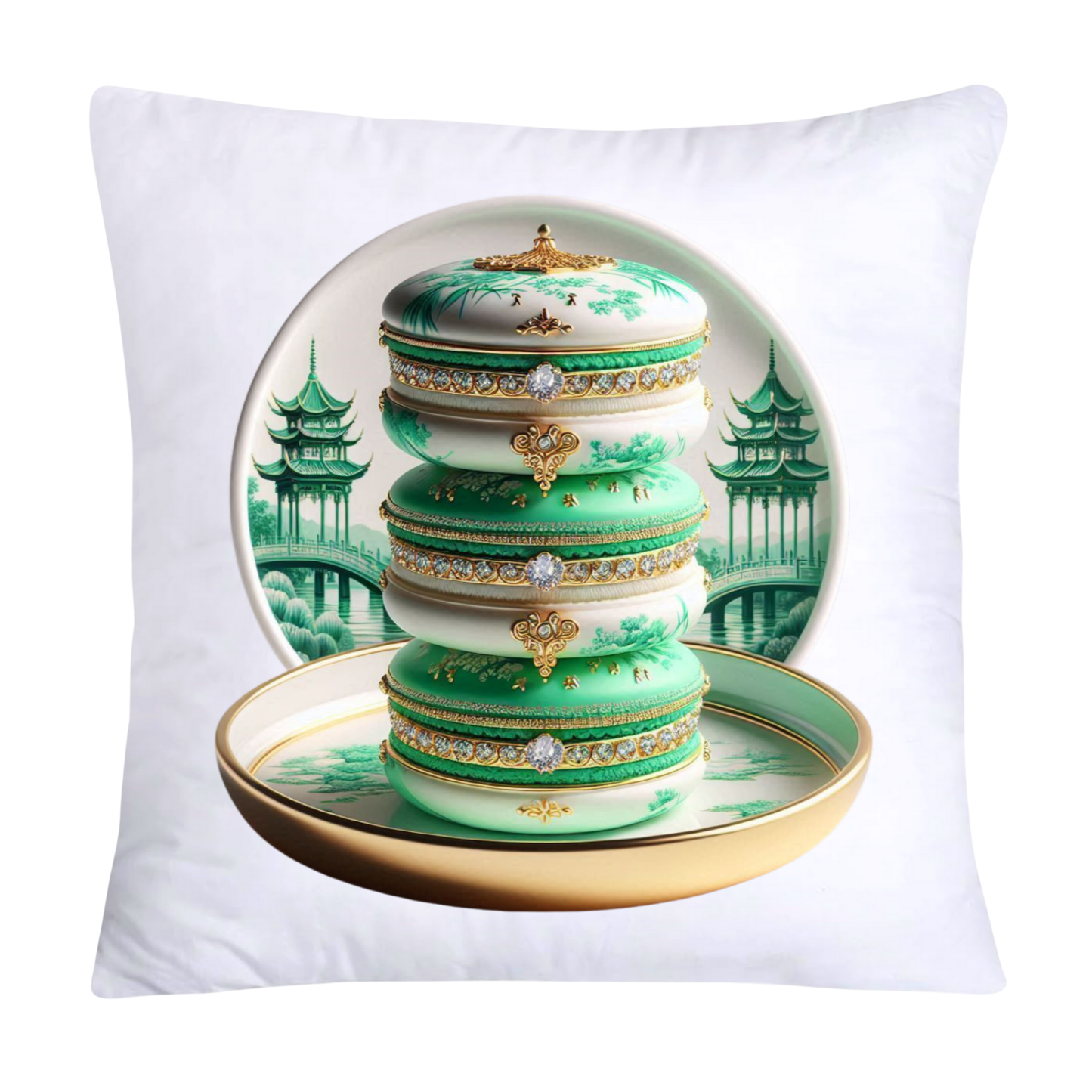 Green and White Willow Chinoiserie Sweet Macaroon Throw Pillow Covers-3950