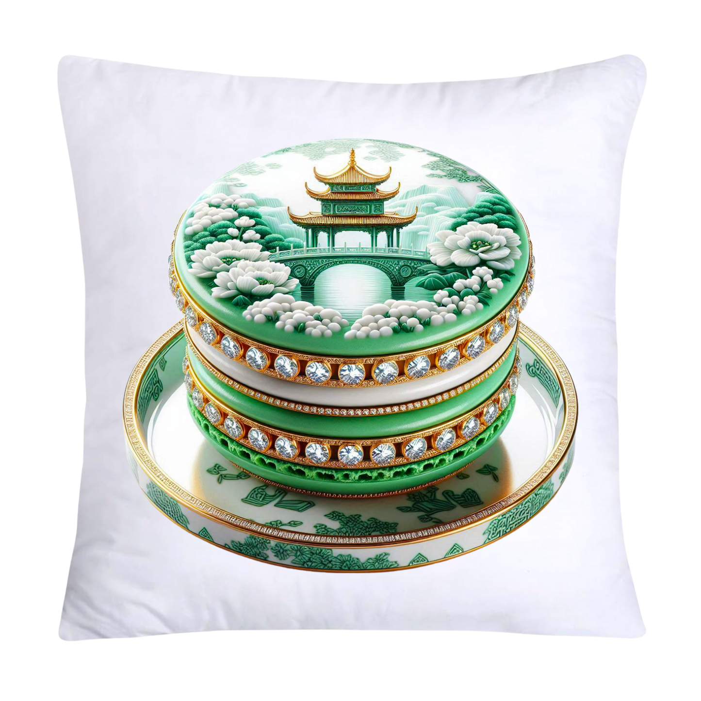 Green and White Willow Chinoiserie Sweet Macaroon Throw Pillow Covers-3954