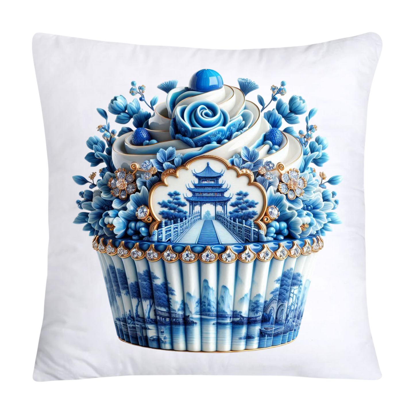 Blue Willow Chinoiserie Cupcake Throw Pillow Covers 18X18-1090