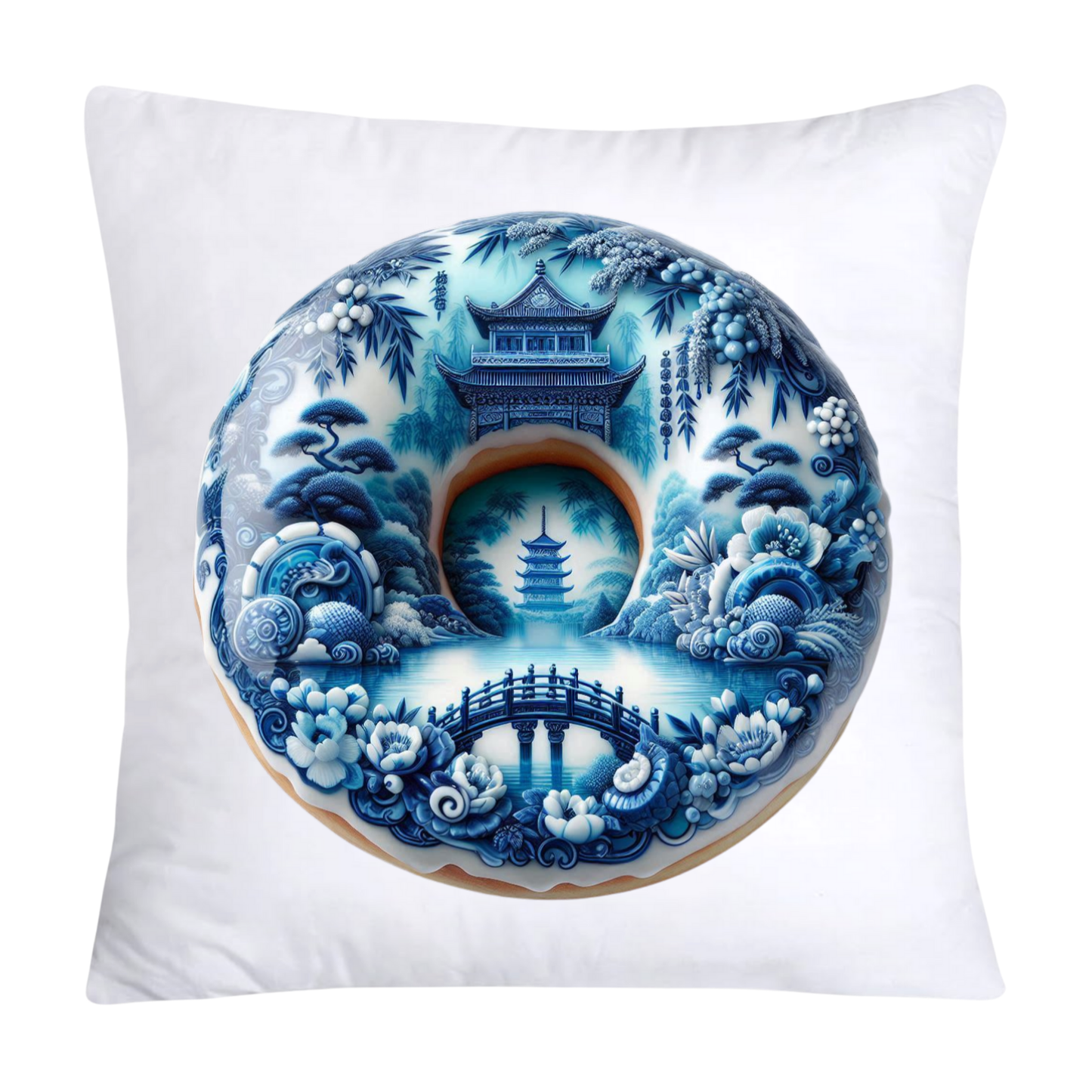 Blue Willow Whimsical 18x18 Donut Throw Pillow Cushion Covers-1204