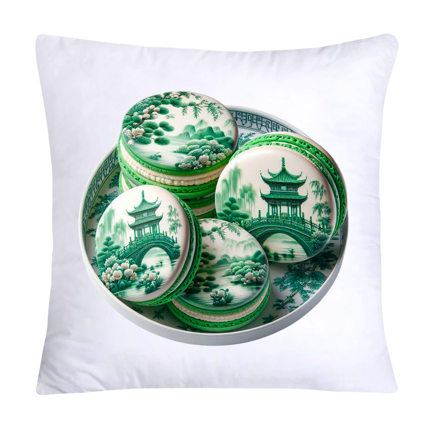 Green and White Willow Chinoiserie Sweet Macaroon Throw Pillow Covers-3929