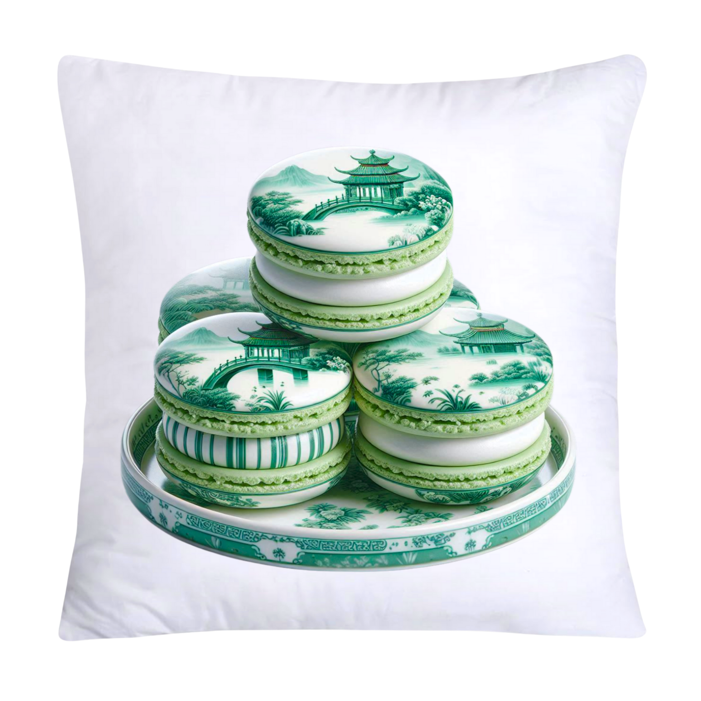 Green and White Willow Chinoiserie Sweet Macaroon Throw Pillow Covers-3955