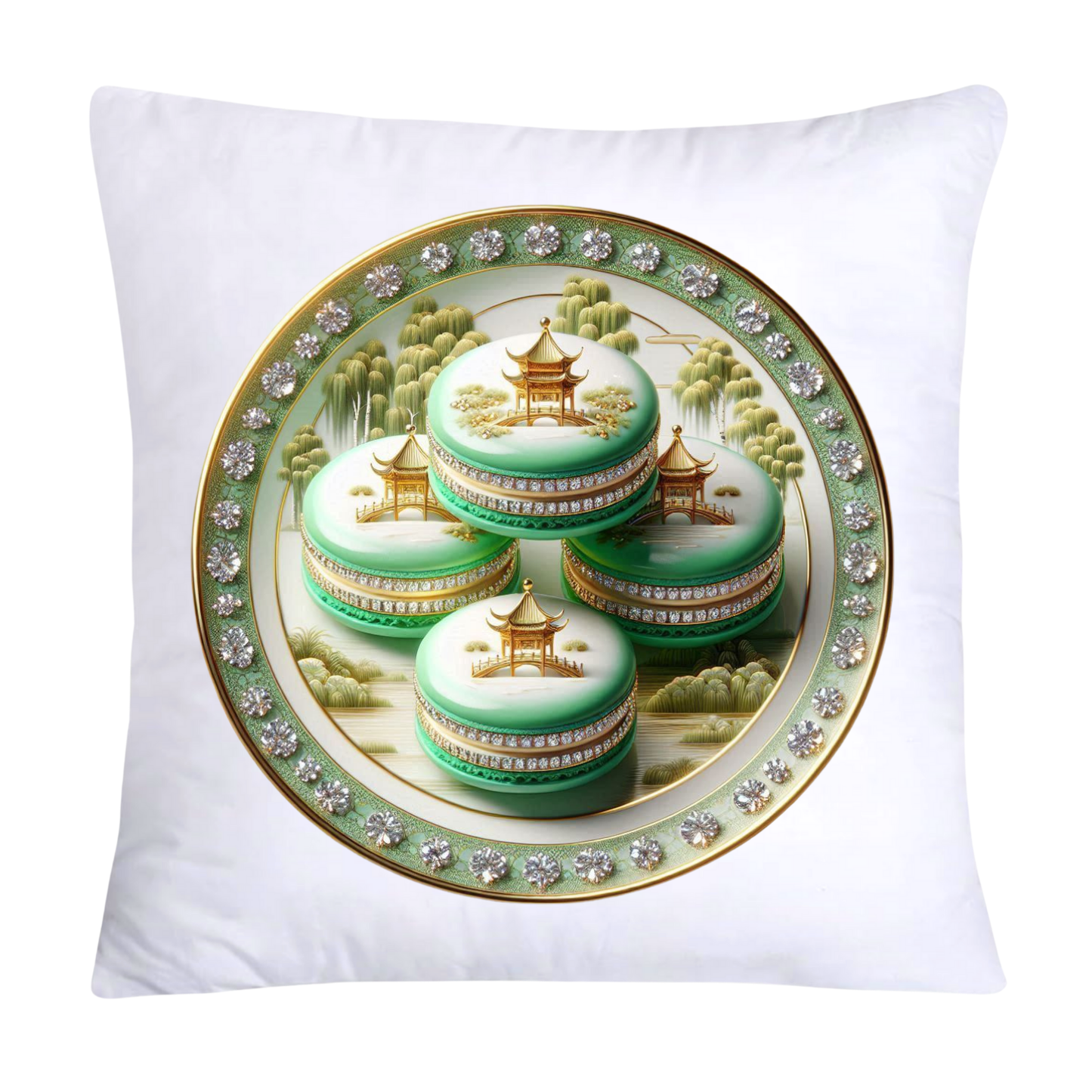 Green and White Willow Chinoiserie Sweet Macaroon Throw Pillow Covers-3952