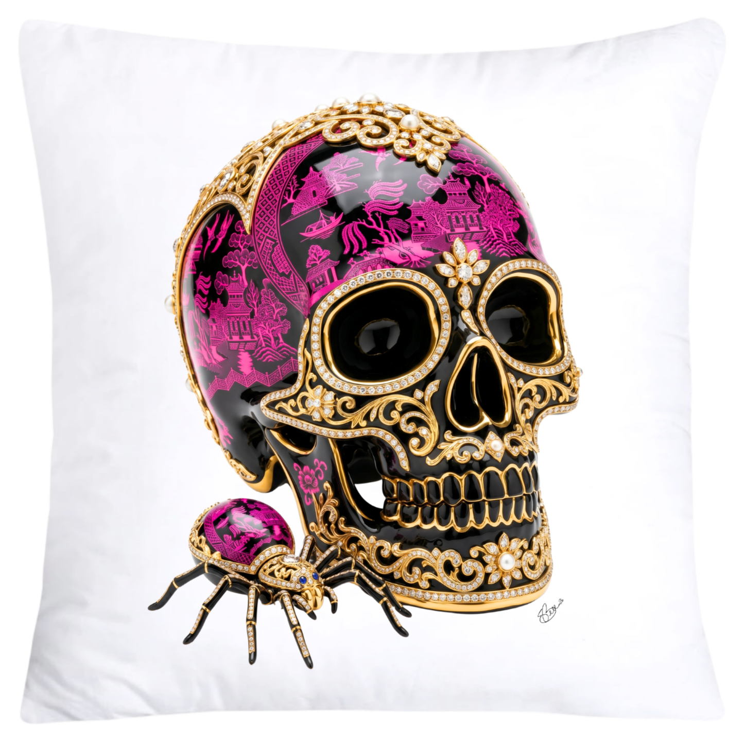 Neon Hot Pink and Black Willow Skull with Gorgeous Spider Pillow Covers 18x18-6157 SKB CREATIVE AI DESIGNS