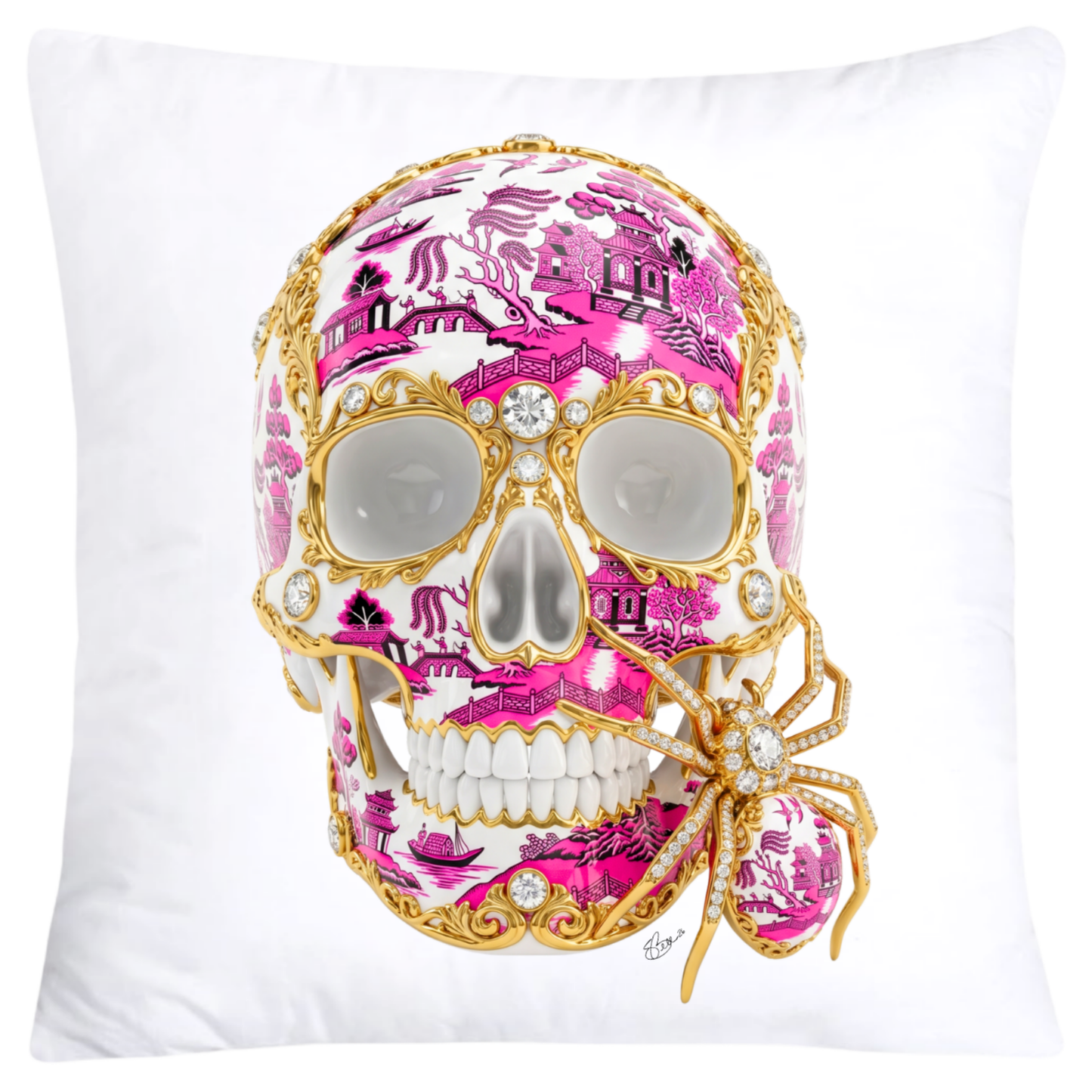Neon Hot Pink and Black Willow Skull with Gorgeous Spider Pillow Covers 18x18-6153 SKB CREATIVE AI DESIGNS