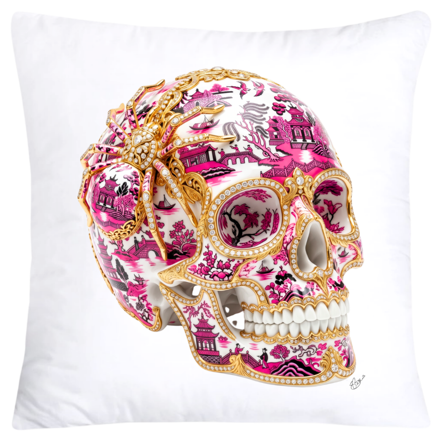 Neon Hot Pink and Black Willow Skull with Gorgeous Spider Pillow Covers 18x18-6156 SKB CREATIVE AI DESIGNS