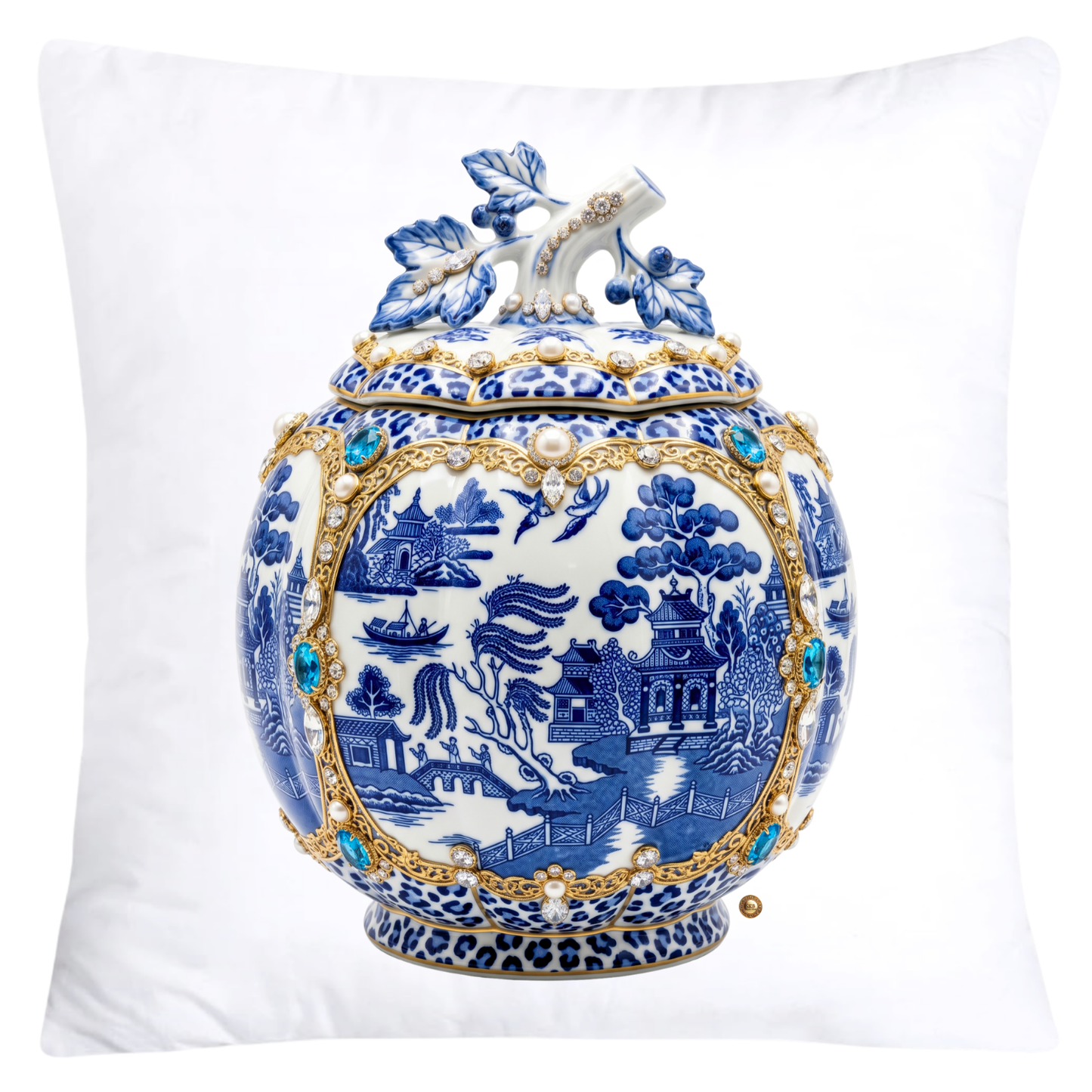 Blue Willow and Leopard Print Pumpkin Ginger Jar Pillow Covers-6049