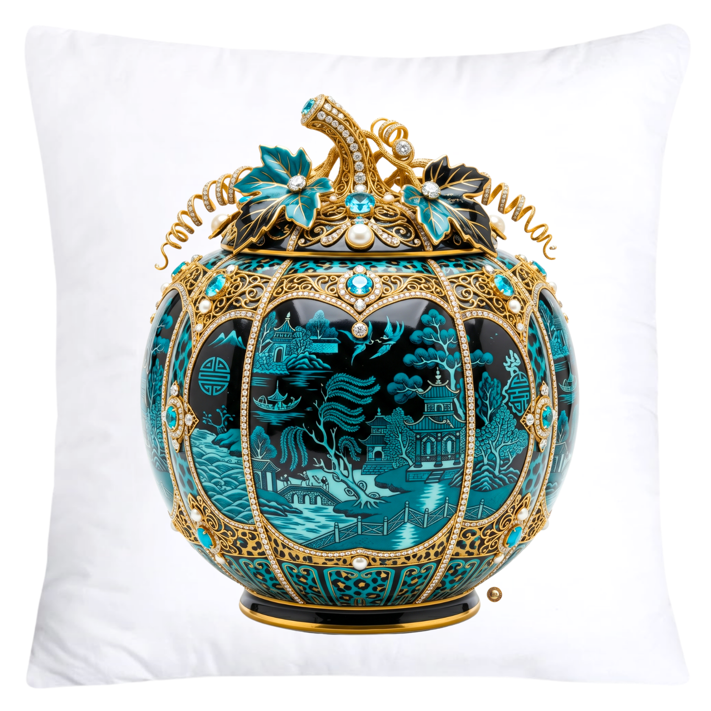 Turquoise Willow and Leopard Print Pumpkin Ginger Jar Pillow Covers-6066
