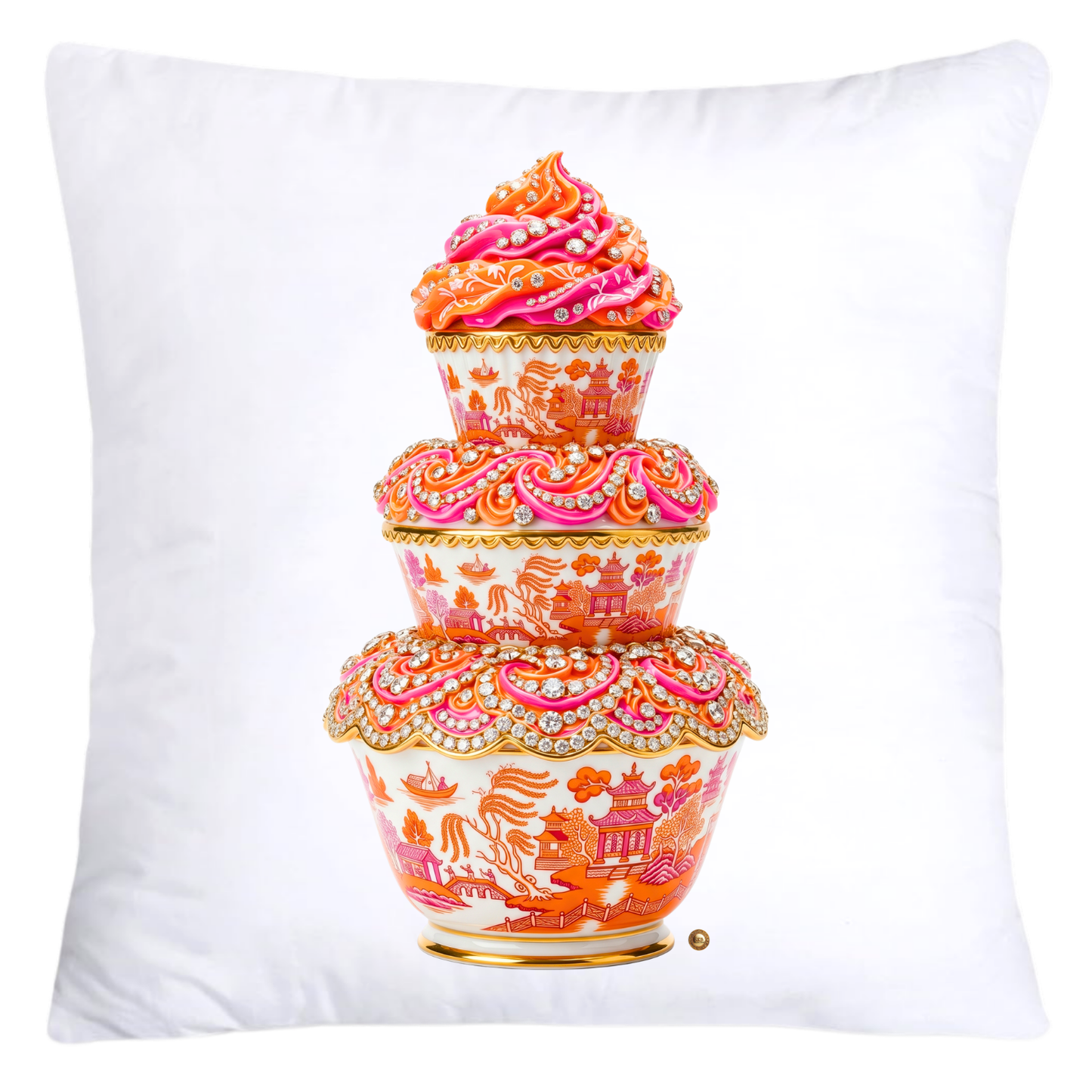 Neon Hot Pink, Orange Willow and Gold Porcelain Inspired Cupcake Pillow Covers-5506