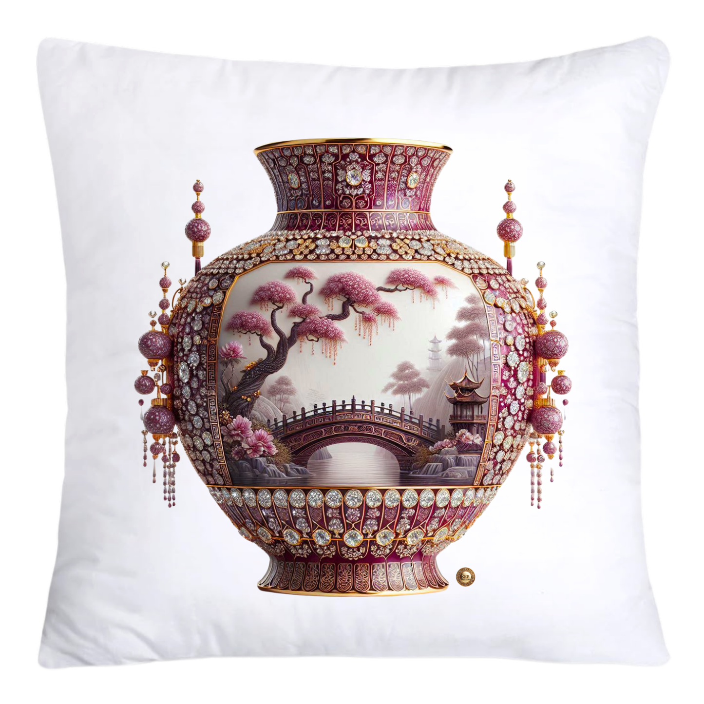 Pink/Maroon and Gold Willow Chinoiserie Vase Throw Pillow Covers-5872