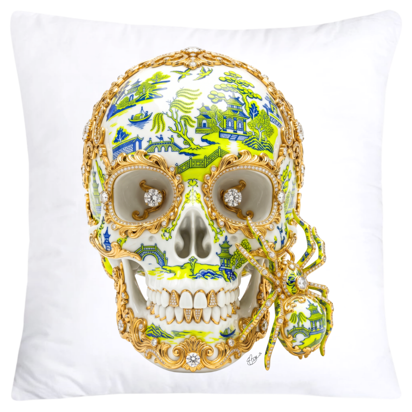 Blue and Neon Yellow Willow Skull with Gorgeous Spider Pillow Covers 18x18-6130 SKB CREATIVE AI DESIGNS