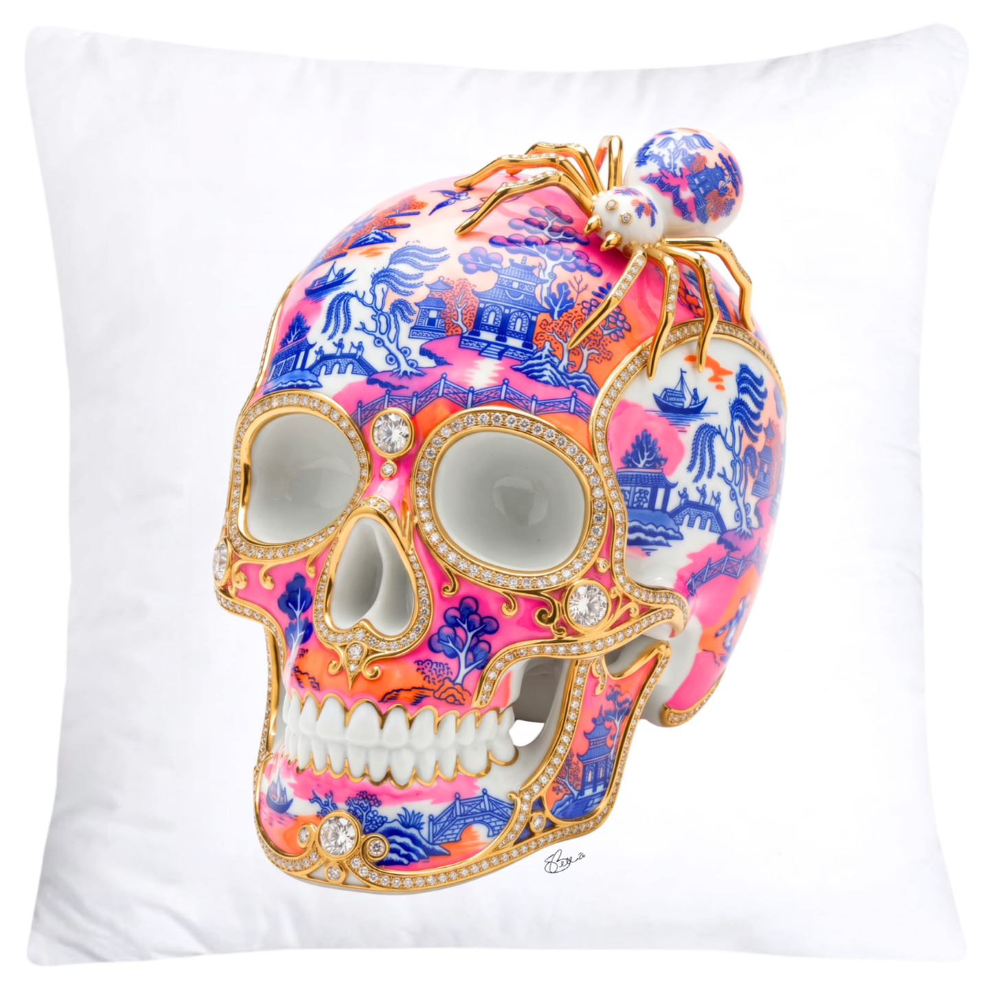 Blue, Hot Pink and Orange Willow Skull Pillow Covers 18x18-6123 SKB CREATIVE AI DESIGNS