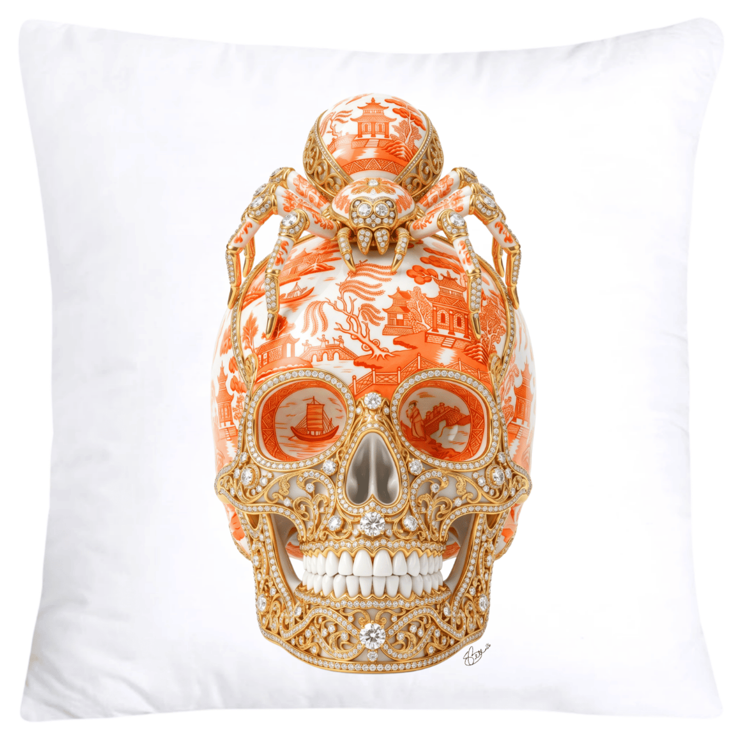 Orange Willow Skull with Gorgeous Spider Pillow Covers 18x18-6135 SKB CREATIVE AI DESIGNS