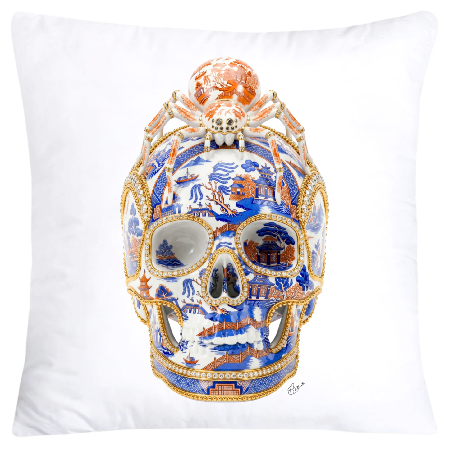 Blue and Orange Willow Skull with Gorgeous Spider Pillow Covers 18x18-6133 SKB CREATIVE AI DESIGNS