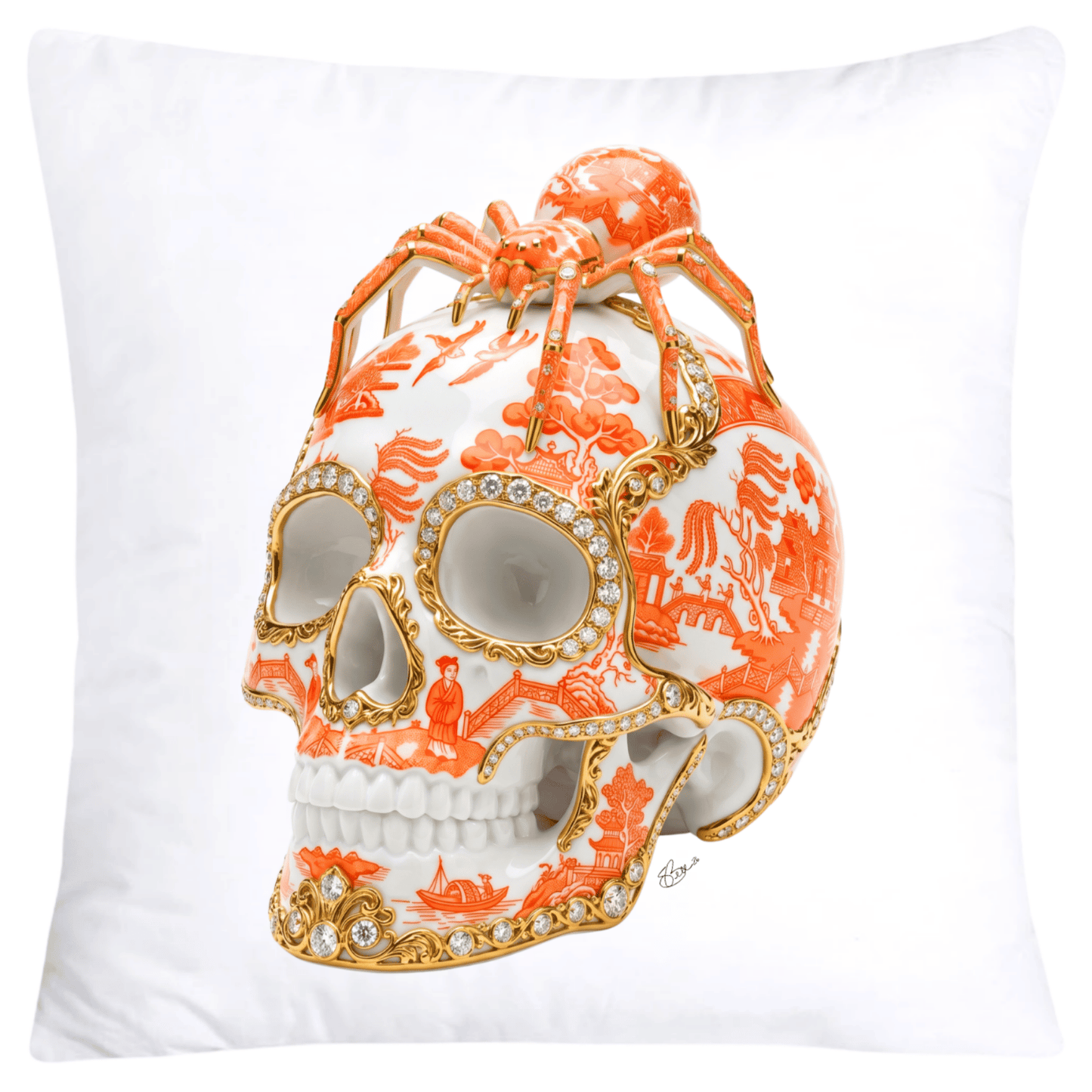 Orange Willow Skull with Gorgeous Spider Pillow Covers 18x18-6134 SKB CREATIVE AI DESIGNS