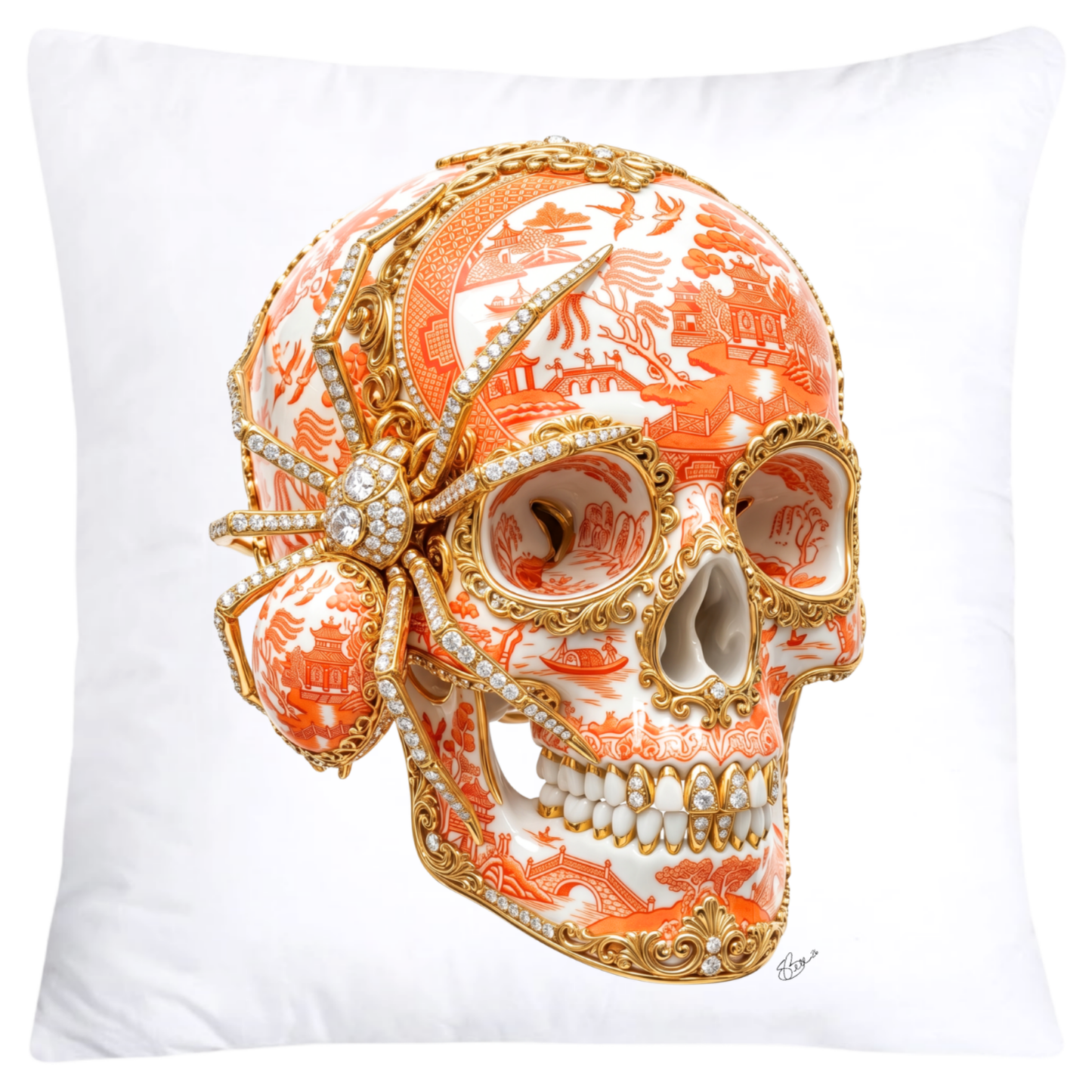 Orange Willow Skull with Gorgeous Spider Pillow Covers 18x18-6132 SKB CREATIVE AI DESIGNS