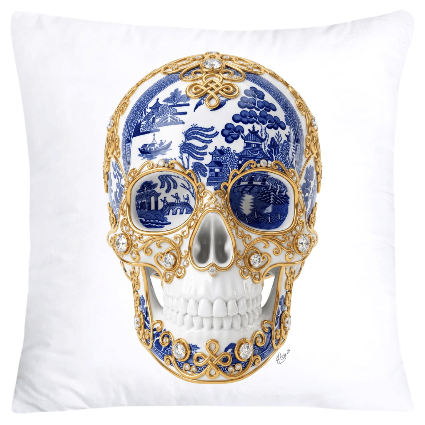 Blue Willow Skull Pillow Covers 18x18-6141 SKB CREATIVE AI DESIGNS