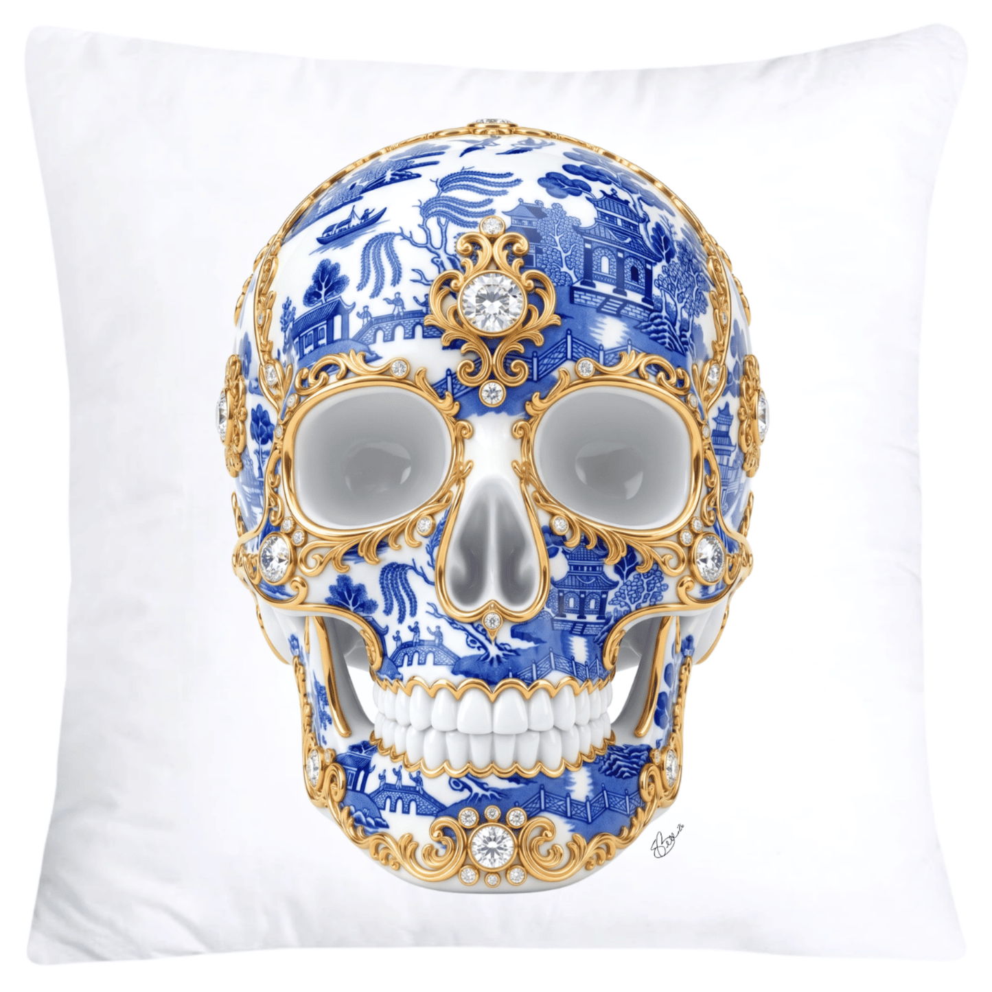 Blue Willow Skull Pillow Covers 18x18-6139 SKB CREATIVE AI DESIGNS