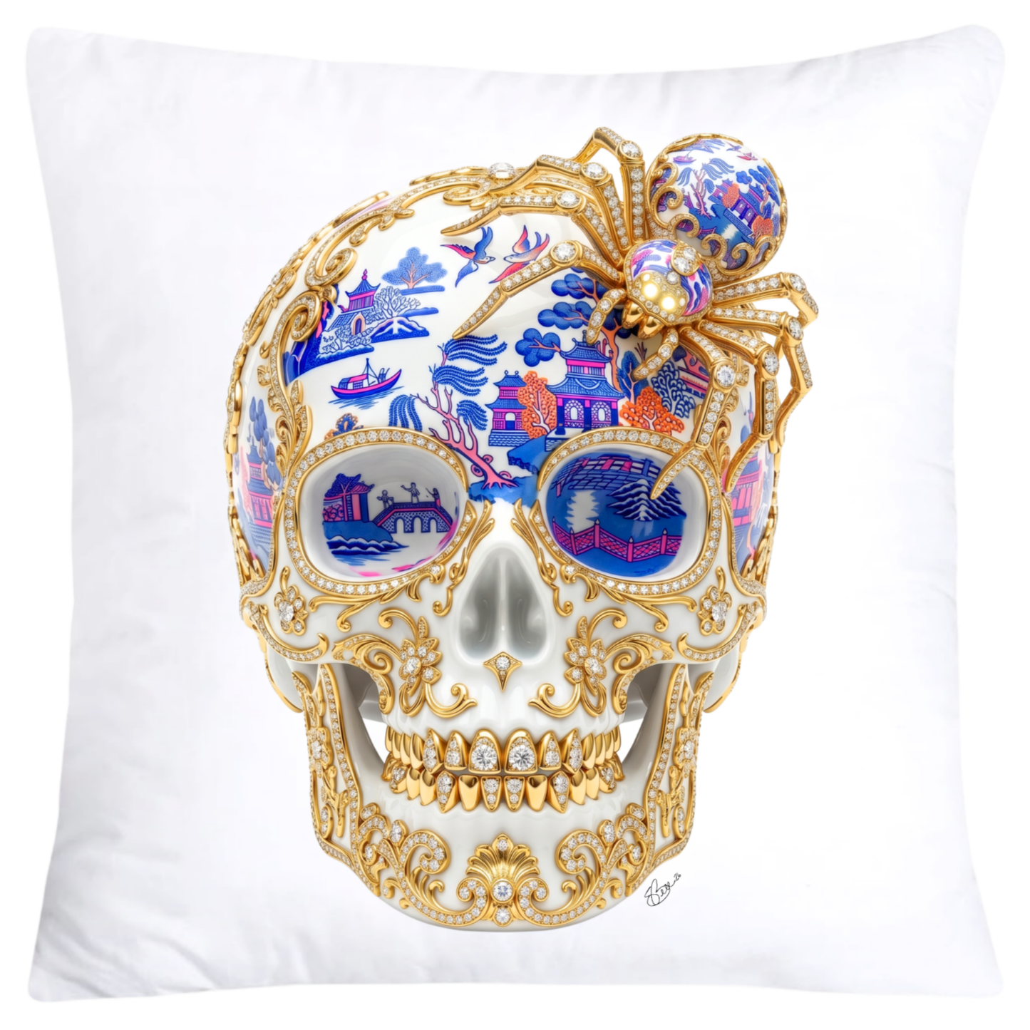 Blue, Hot Pink and Orange Willow Skull Pillow Covers 18x18-6124 SKB CREATIVE AI DESIGNS