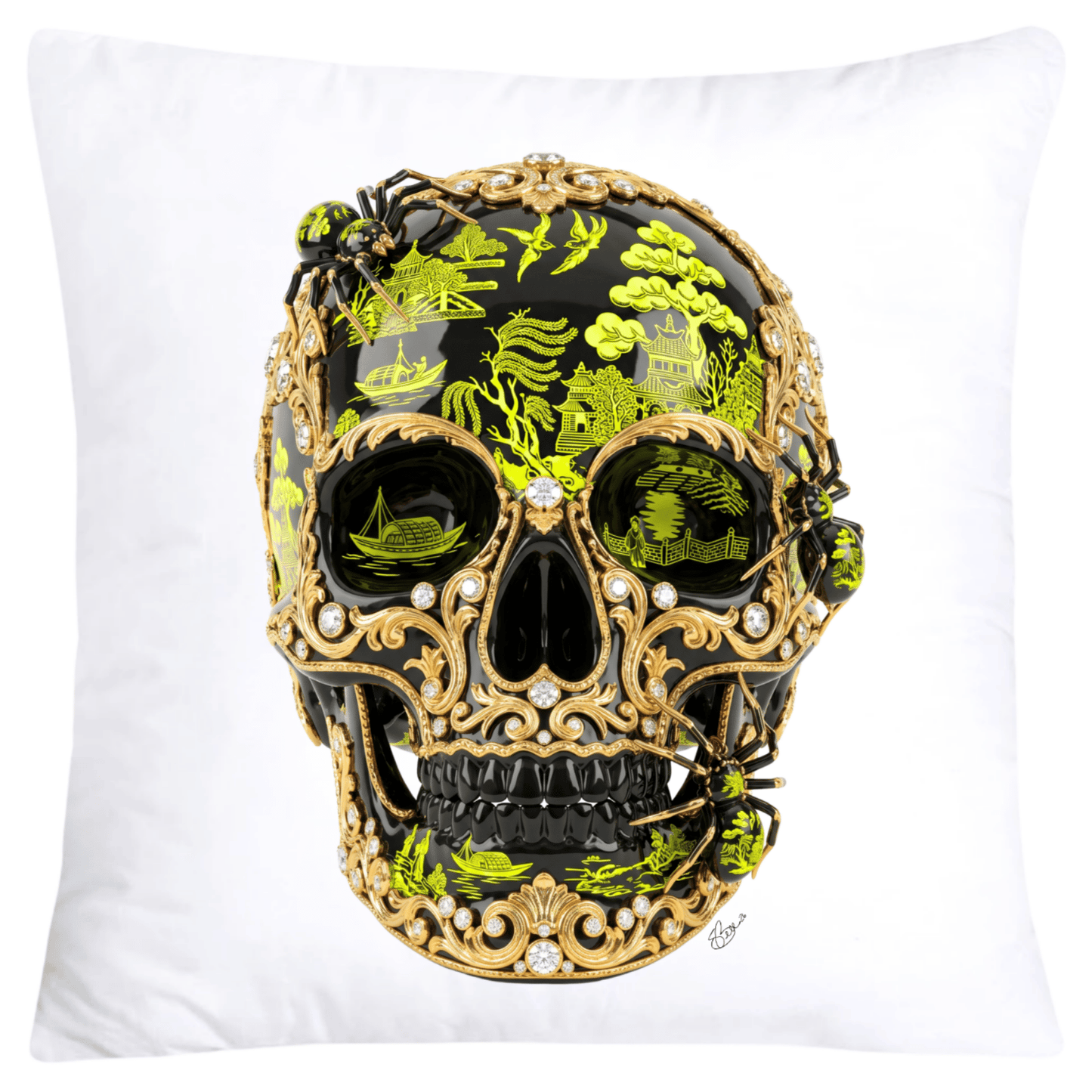 Black and Neon Yellow Willow Skull with Gorgeous Spider Pillow Covers 18x18-6147 SKB CREATIVE AI DESIGNS