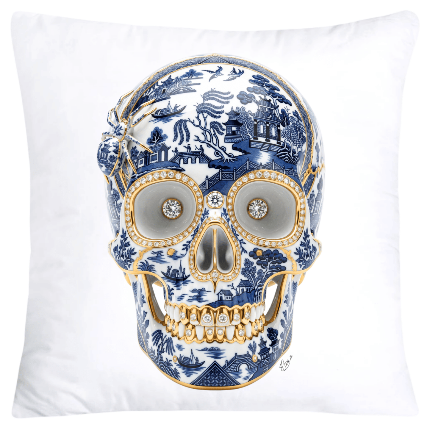 Blue Willow Skull with Gorgeous Spider Pillow Covers 18x18-6138 SKB CREATIVE AI DESIGNS